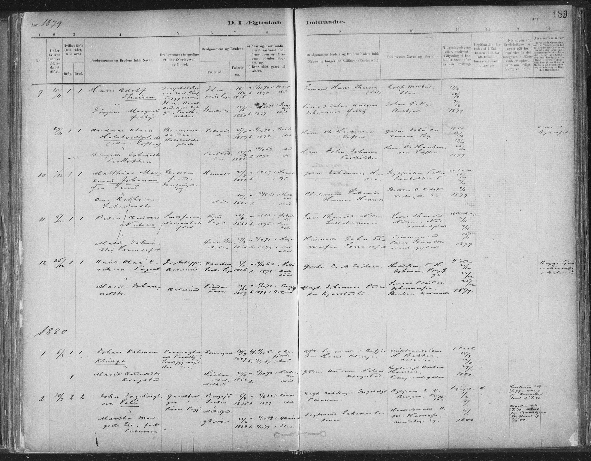 Ministerialprotokoller, klokkerbøker og fødselsregistre - Sør-Trøndelag, SAT/A-1456/603/L0162: Parish register (official) no. 603A01, 1879-1895, p. 189