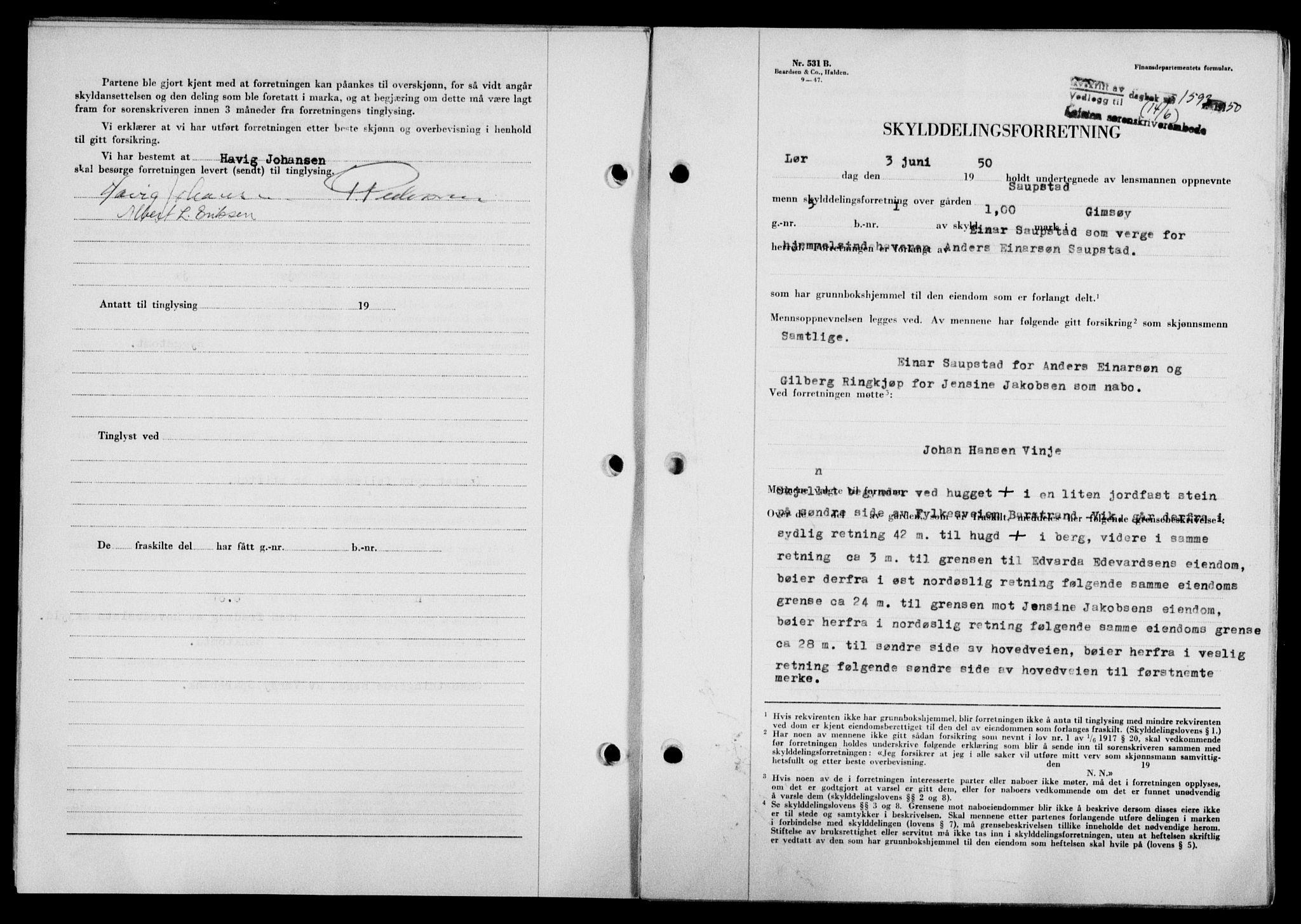 Lofoten sorenskriveri, SAT/A-0017/1/2/2C/L0023a: Mortgage book no. 23a, 1950-1950, Diary no: : 1593/1950
