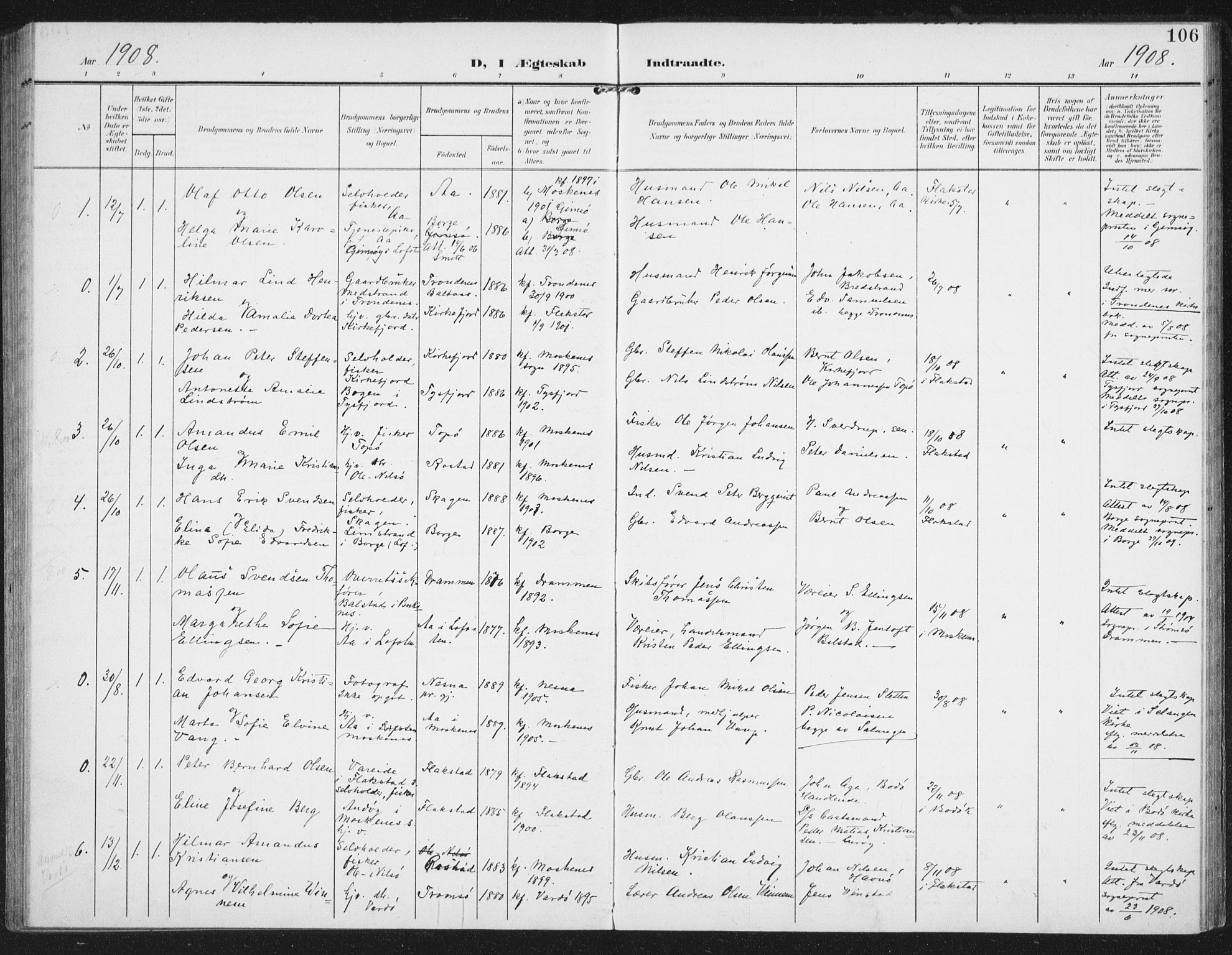 Ministerialprotokoller, klokkerbøker og fødselsregistre - Nordland, SAT/A-1459/886/L1221: Parish register (official) no. 886A03, 1903-1913, p. 106