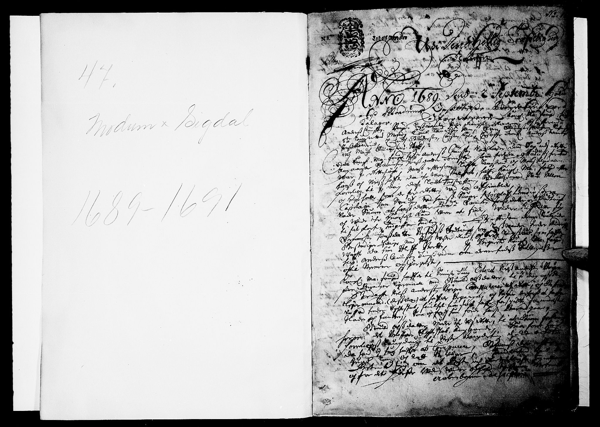 Eiker, Modum og Sigdal sorenskriveri, SAKO/A-123/F/Fa/Faa/L0054: Tingbok, 1689-1691, p. 1