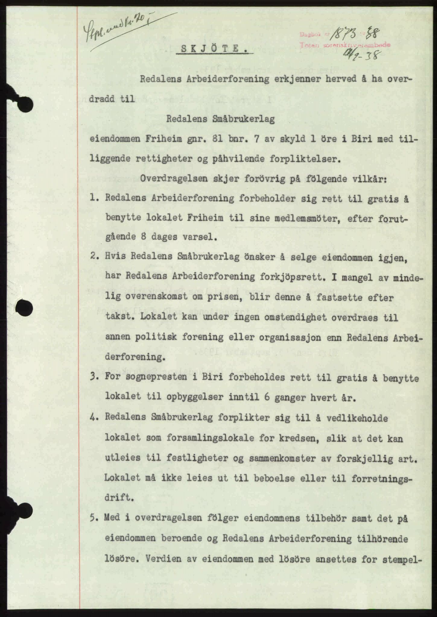 Toten tingrett, SAH/TING-006/H/Hb/Hbc/L0004: Mortgage book no. Hbc-04, 1938-1938, Diary no: : 1873/1938