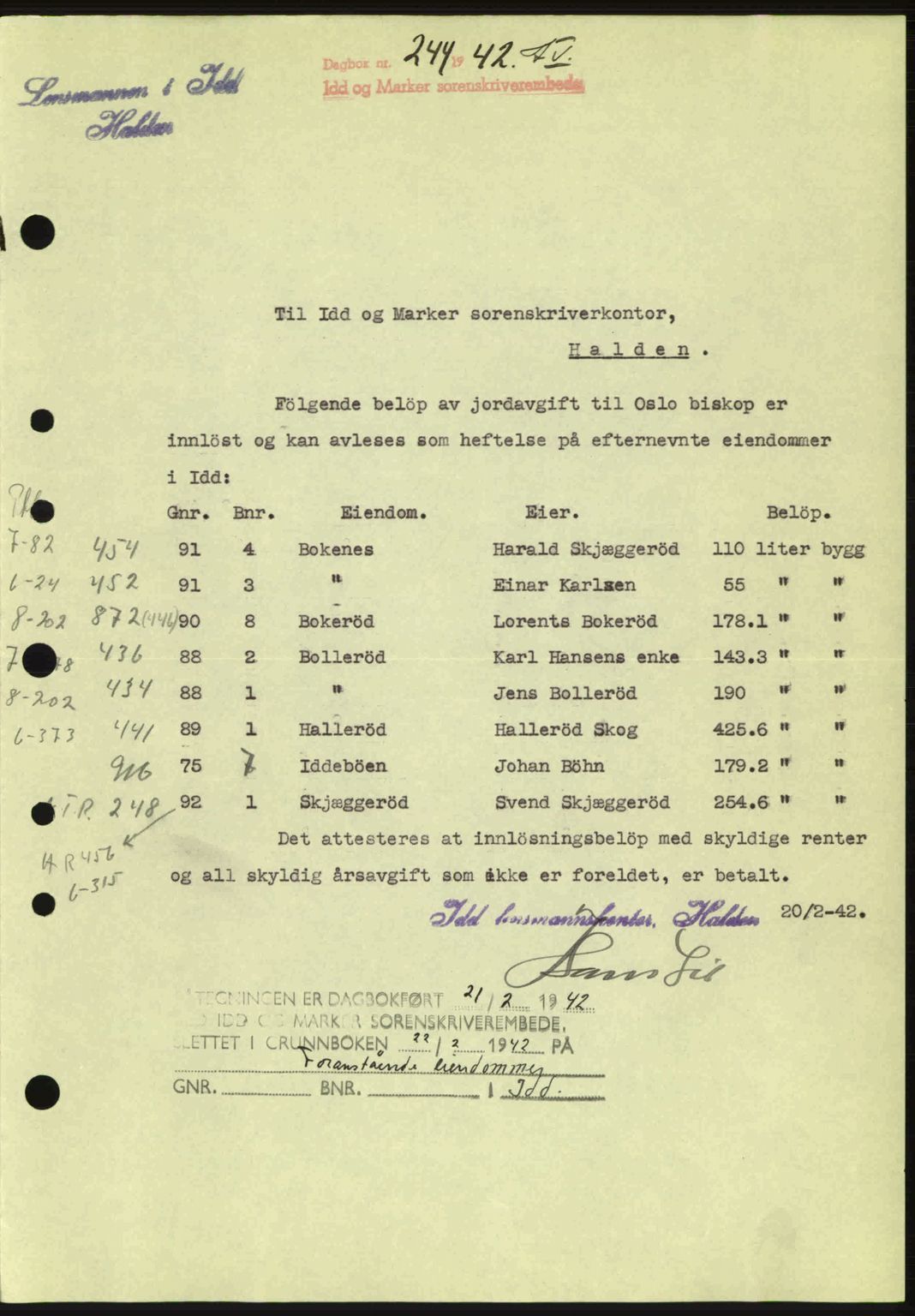 Idd og Marker sorenskriveri, AV/SAO-A-10283/G/Gb/Gbc/L0002: Mortgage book no. B4-9a, 1939-1945, Diary no: : 244/1942