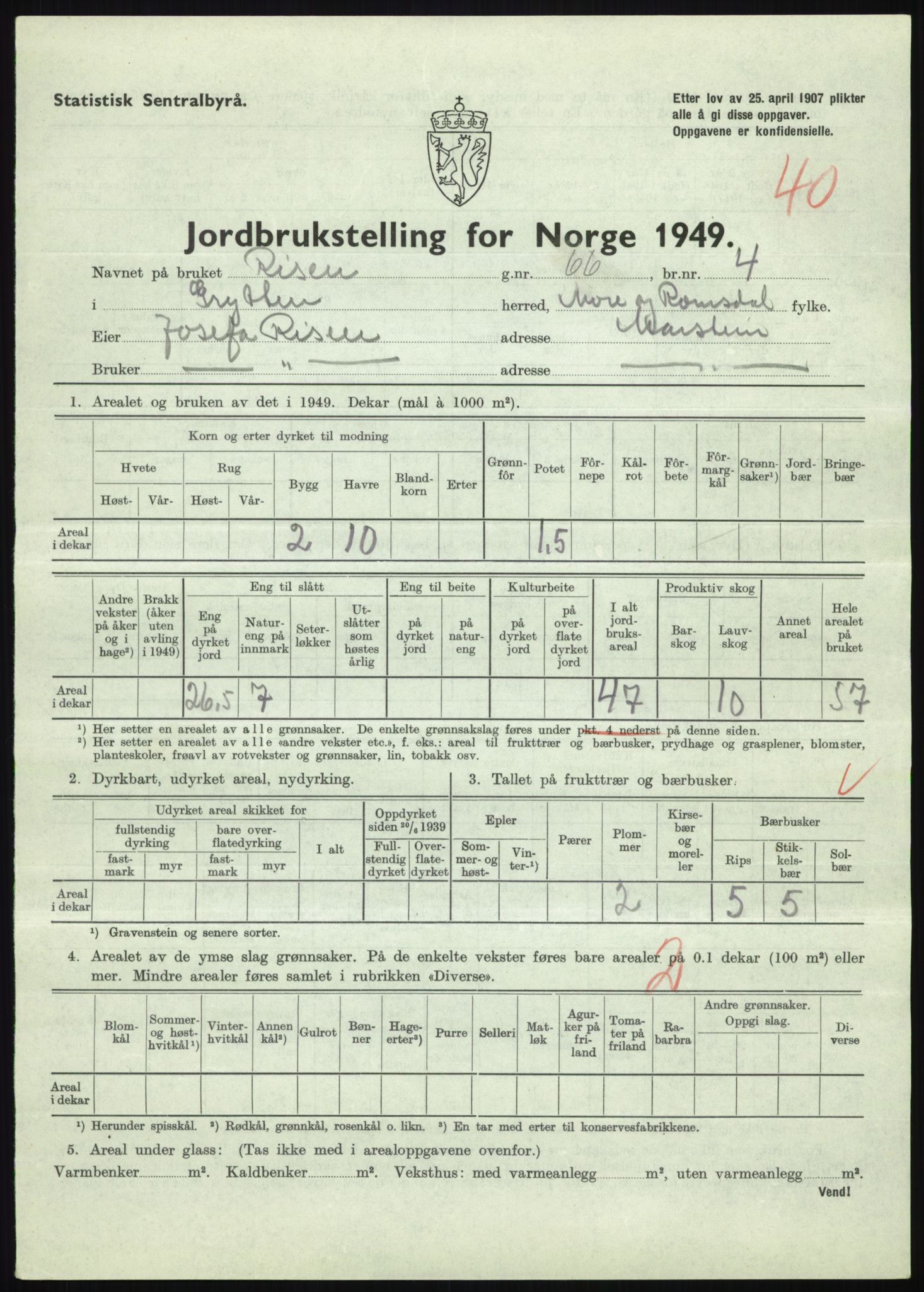 Statistisk sentralbyrå, Næringsøkonomiske emner, Jordbruk, skogbruk, jakt, fiske og fangst, AV/RA-S-2234/G/Gc/L0323: Møre og Romsdal: Grytten og Hen, 1949, p. 233