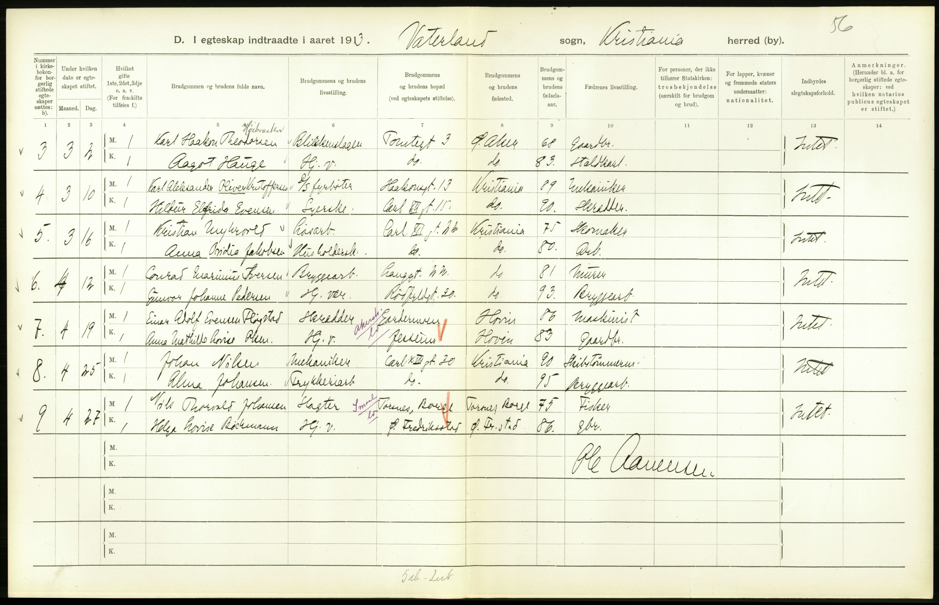 Statistisk sentralbyrå, Sosiodemografiske emner, Befolkning, RA/S-2228/D/Df/Dfb/Dfbc/L0008: Kristiania: Gifte., 1913, p. 124