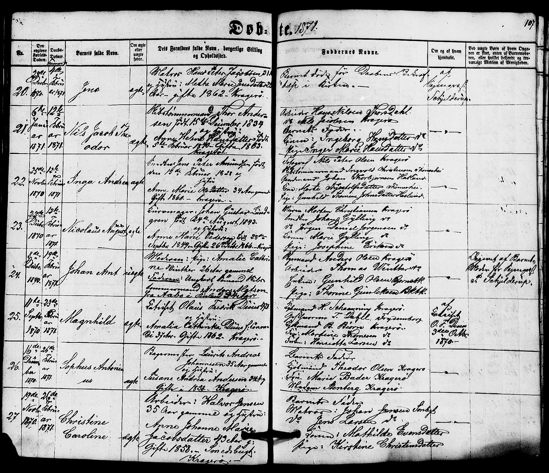 Kragerø kirkebøker, AV/SAKO-A-278/G/Ga/L0005: Parish register (copy) no. 5, 1865-1881, p. 107