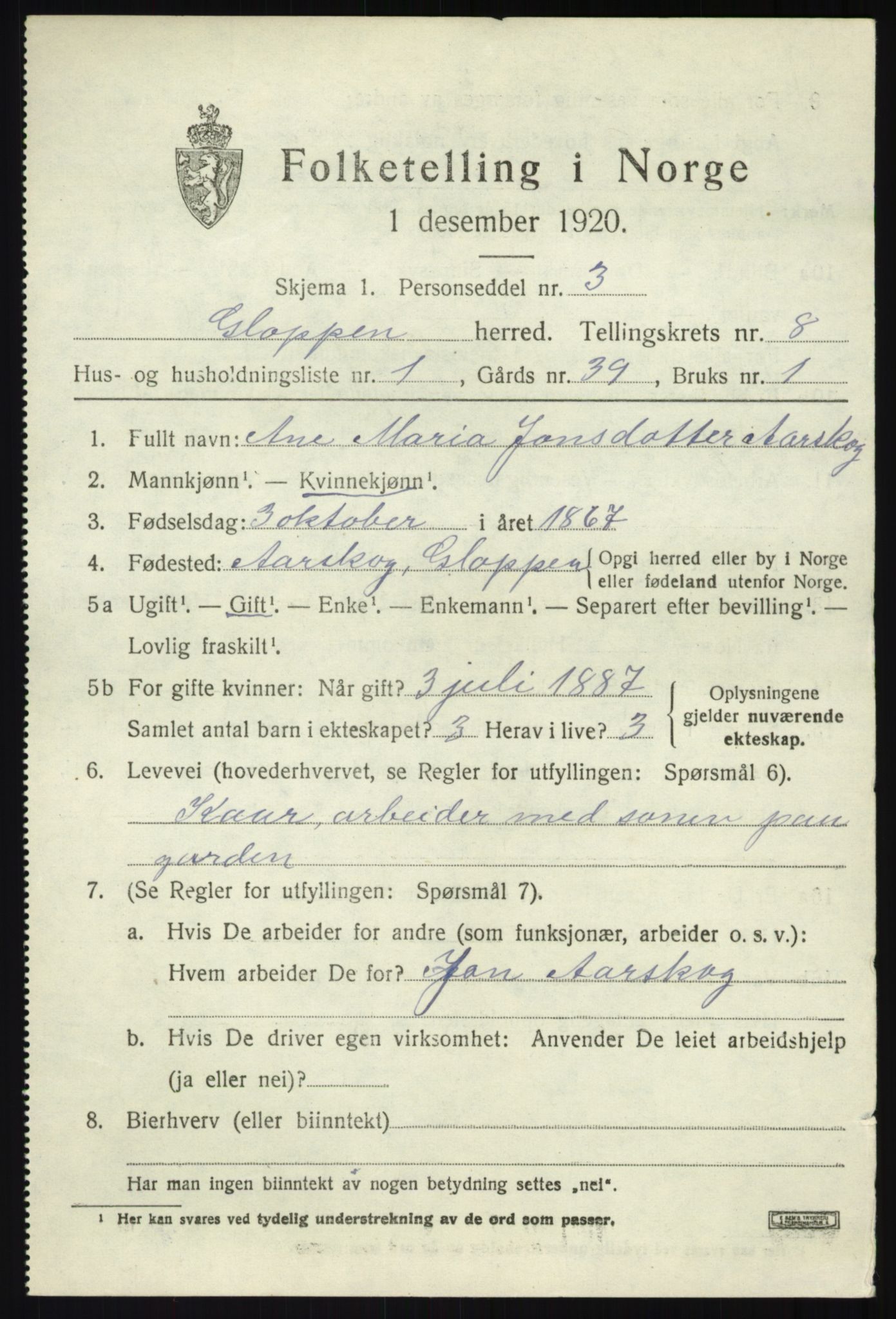 SAB, 1920 census for Gloppen, 1920, p. 4556