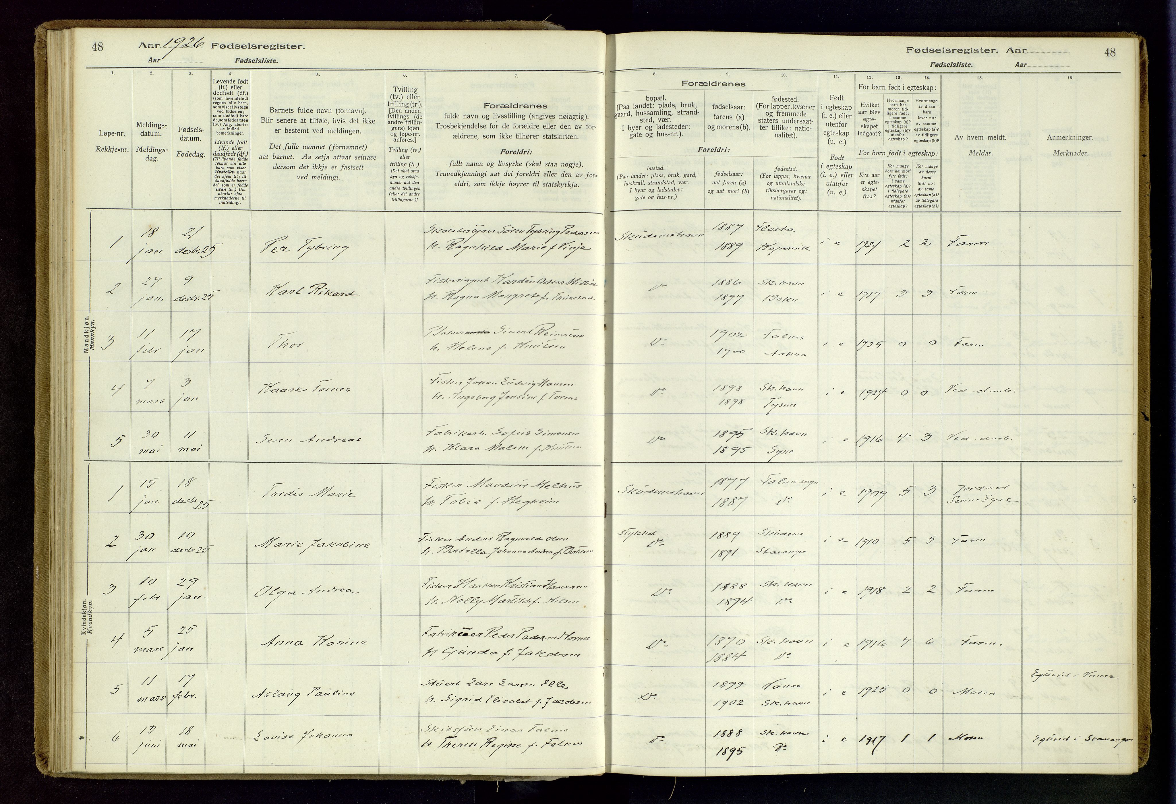 Skudenes sokneprestkontor, SAST/A -101849/I/Id/L0003: Birth register no. 3, 1916-1964, p. 48