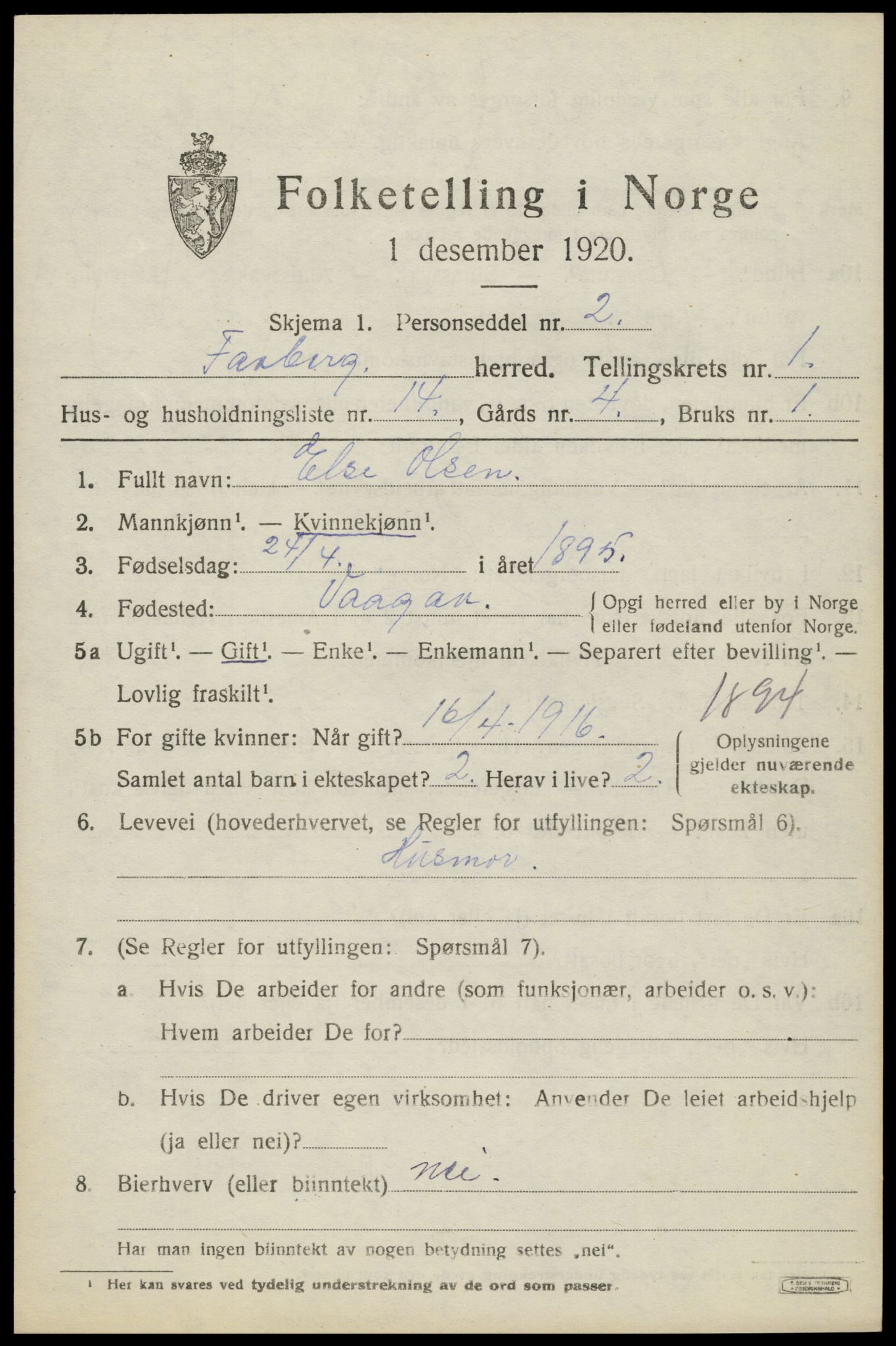 SAH, 1920 census for Fåberg, 1920, p. 2406