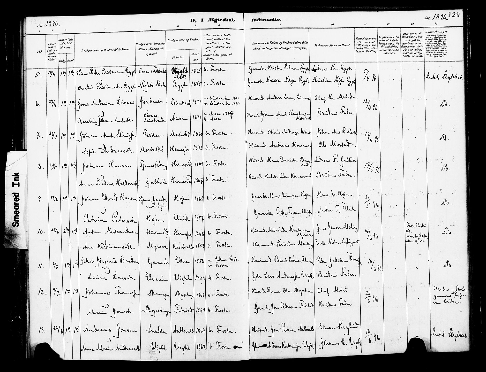 Ministerialprotokoller, klokkerbøker og fødselsregistre - Nord-Trøndelag, SAT/A-1458/713/L0121: Parish register (official) no. 713A10, 1888-1898, p. 129