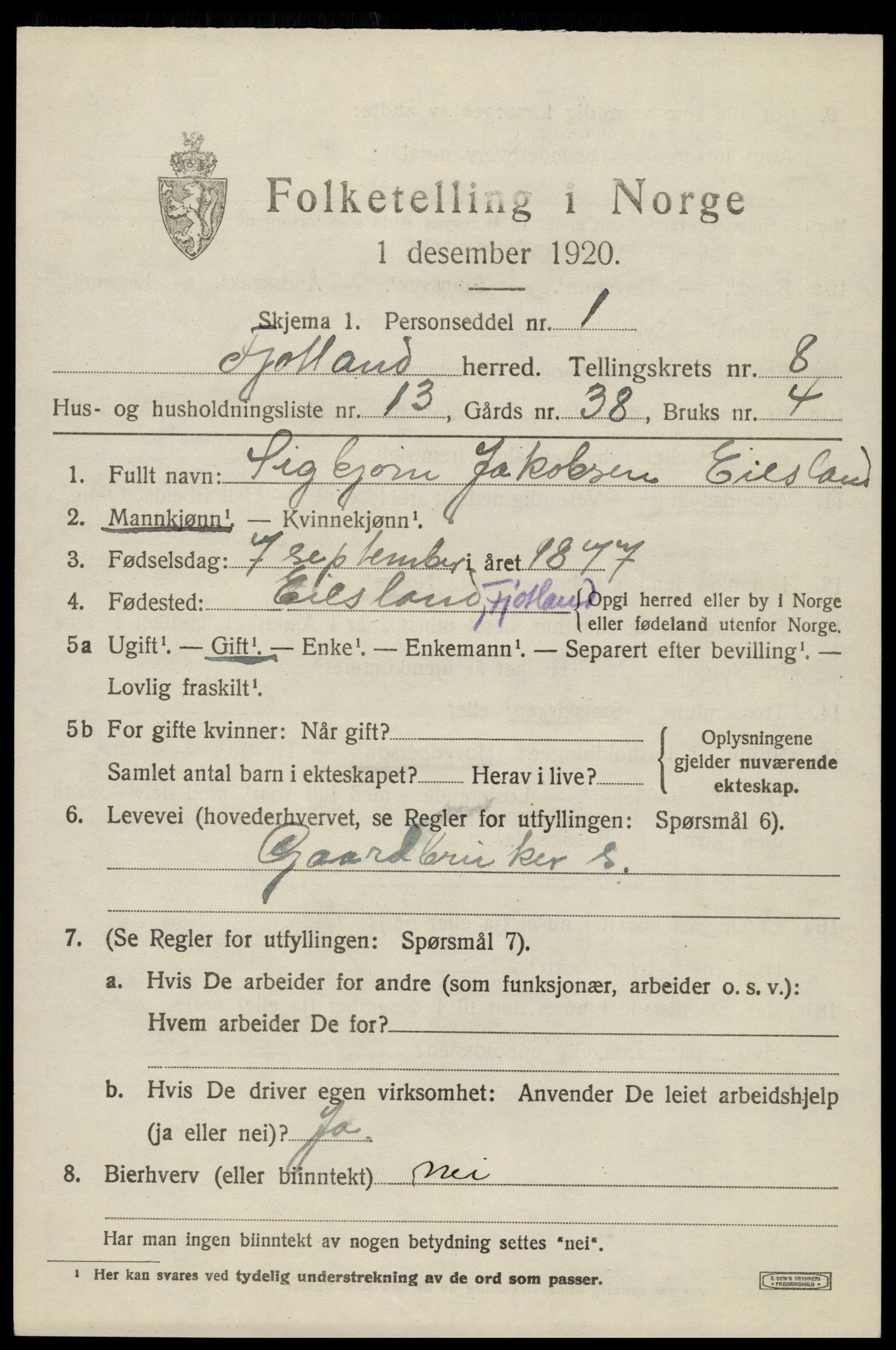 SAK, 1920 census for Fjotland, 1920, p. 2122