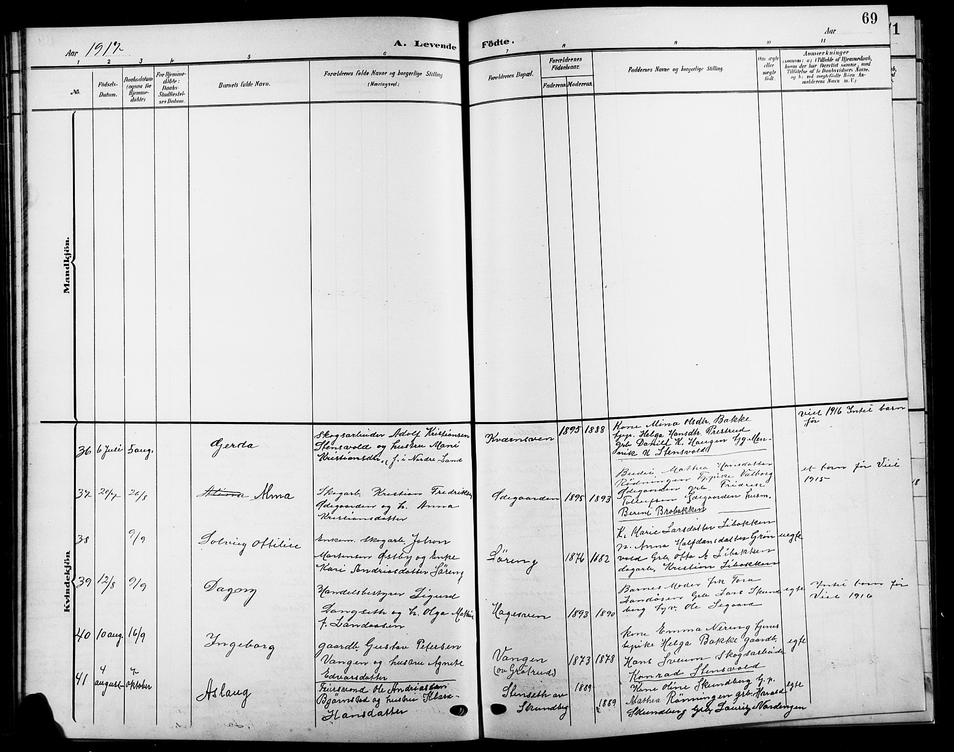 Biri prestekontor, SAH/PREST-096/H/Ha/Hab/L0005: Parish register (copy) no. 5, 1906-1919, p. 69
