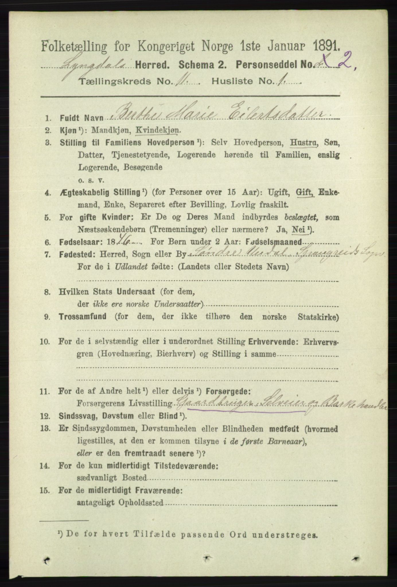 RA, 1891 census for 1032 Lyngdal, 1891, p. 4818