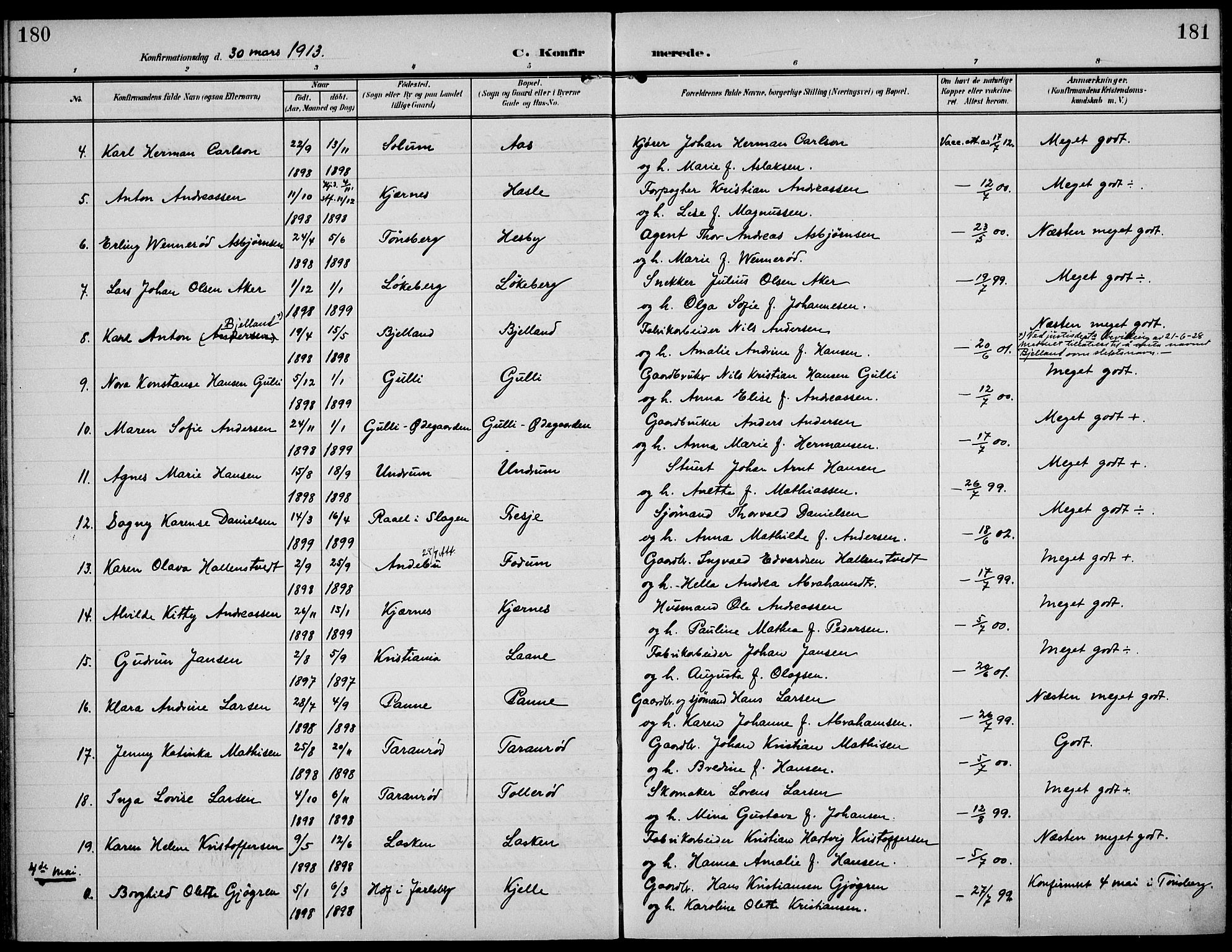 Sem kirkebøker, AV/SAKO-A-5/F/Fa/L0012: Parish register (official) no. I 12, 1905-1915, p. 180-181