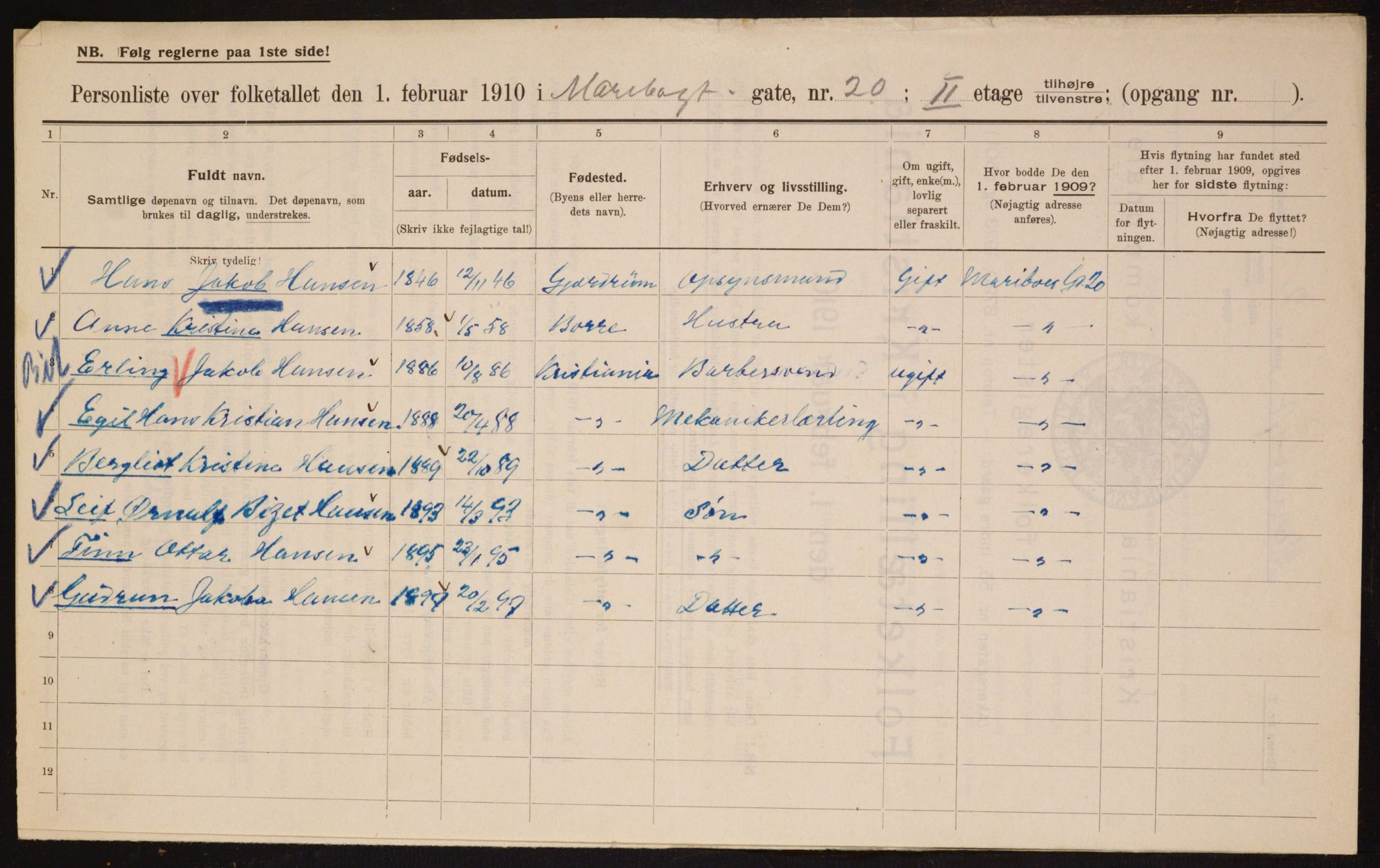 OBA, Municipal Census 1910 for Kristiania, 1910, p. 58565