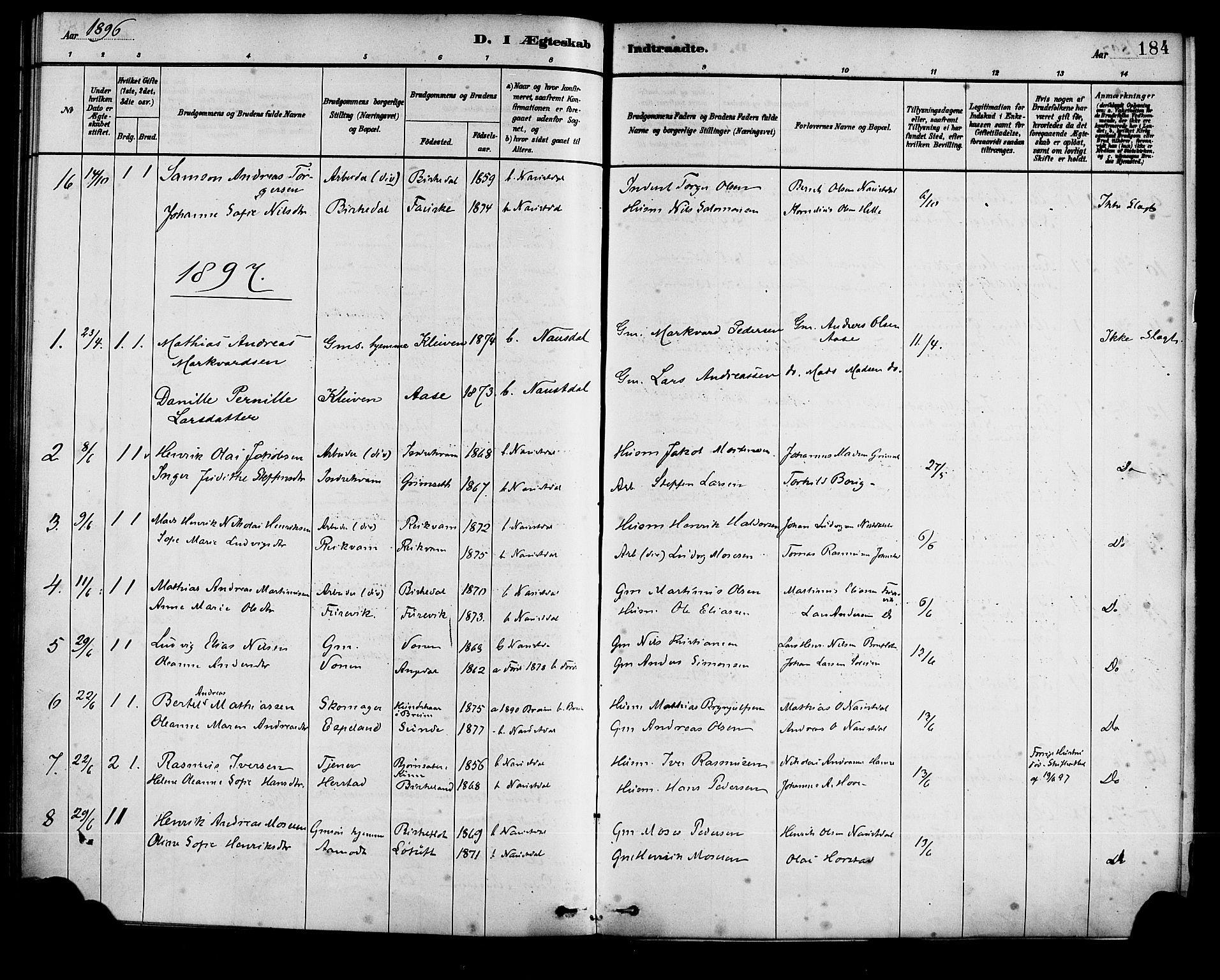 Førde sokneprestembete, AV/SAB-A-79901/H/Haa/Haad/L0001: Parish register (official) no. D 1, 1881-1898, p. 184