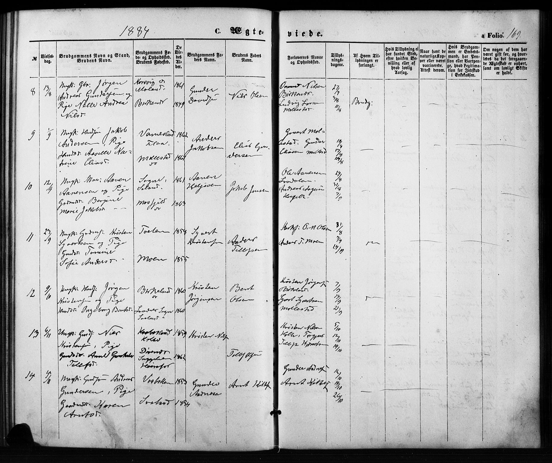 Birkenes sokneprestkontor, SAK/1111-0004/F/Fb/L0003: Parish register (copy) no. B 3, 1876-1892, p. 169