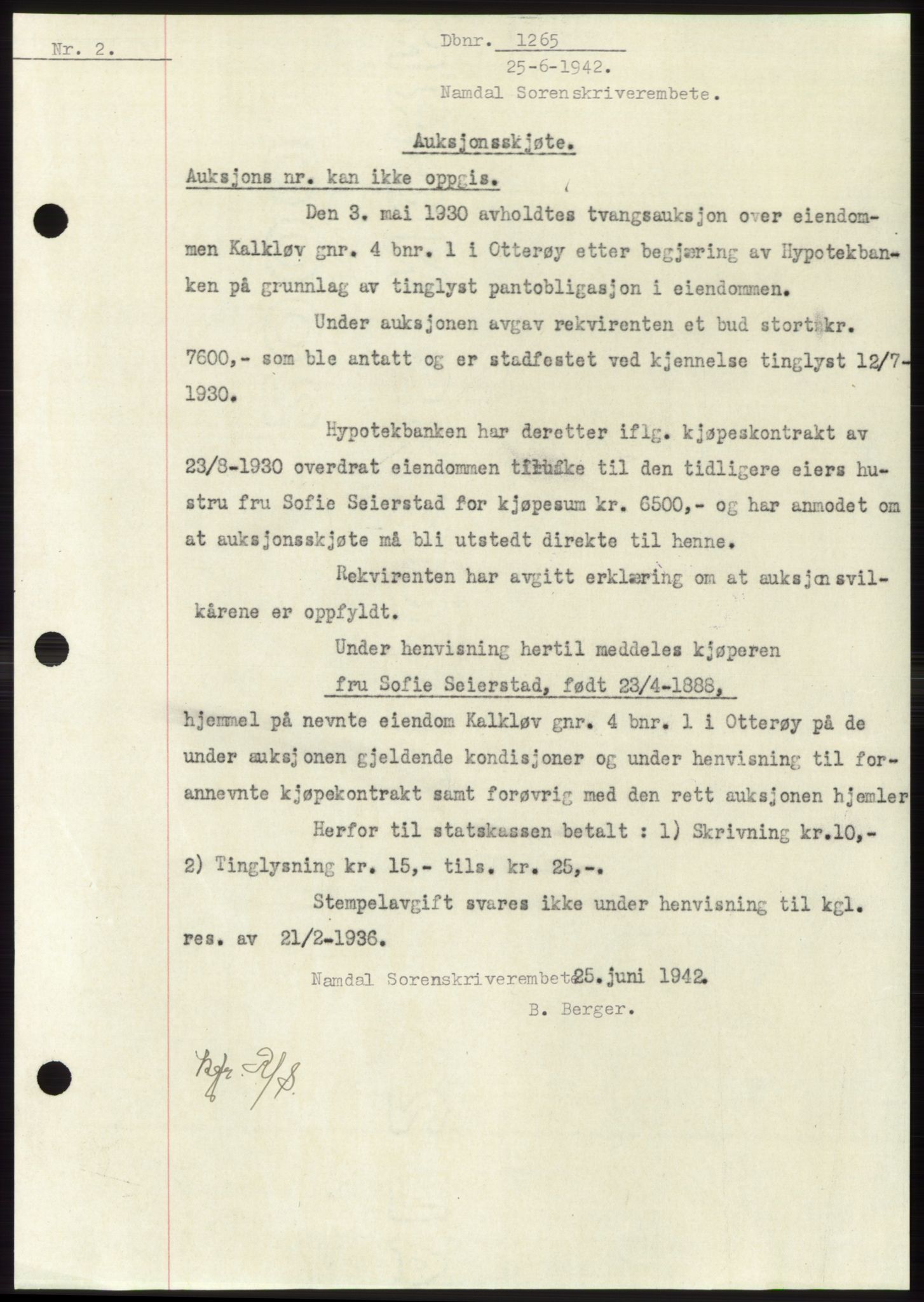 Namdal sorenskriveri, SAT/A-4133/1/2/2C: Mortgage book no. -, 1941-1942, Diary no: : 1265/1942