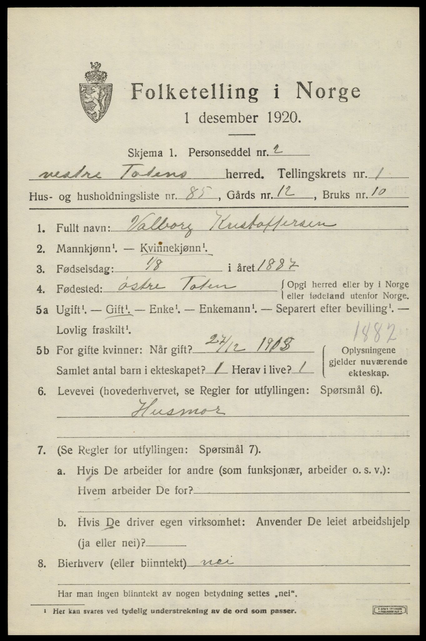 SAH, 1920 census for Vestre Toten, 1920, p. 2808