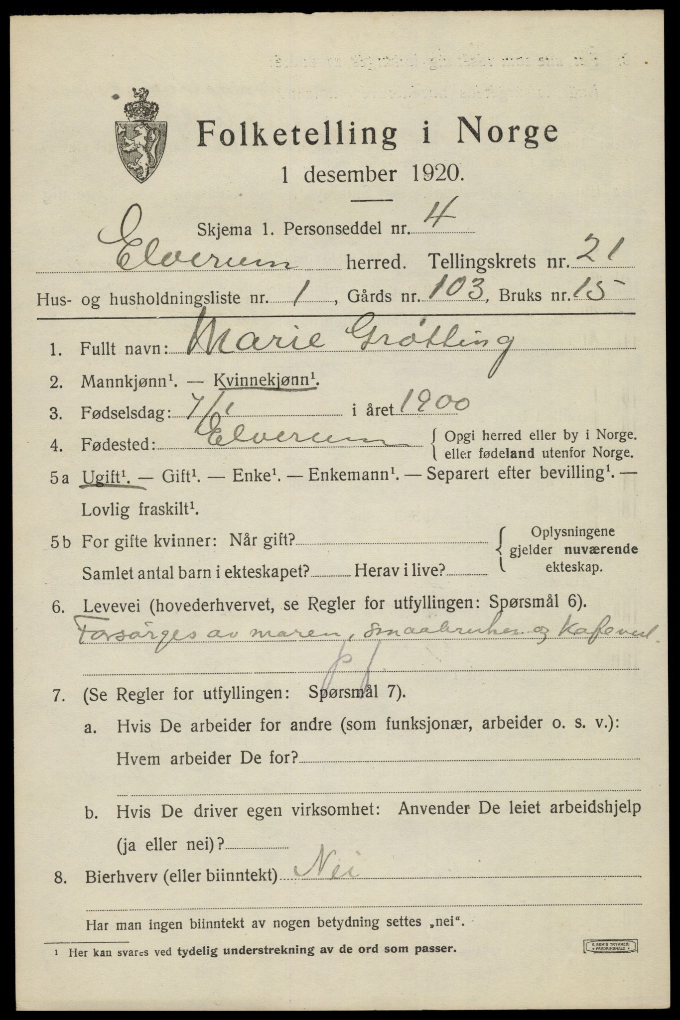 SAH, 1920 census for Elverum, 1920, p. 23830