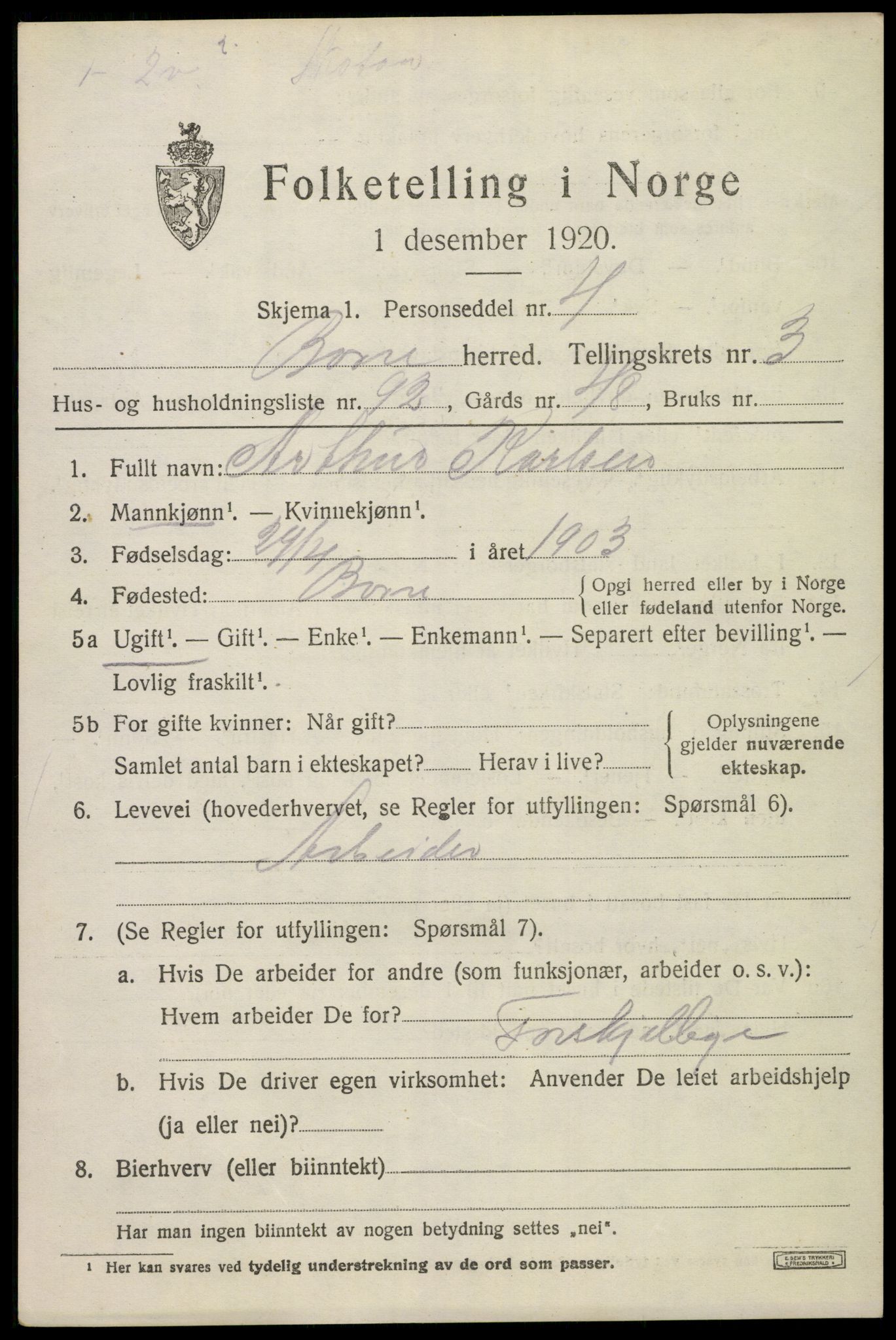 SAKO, 1920 census for Borre, 1920, p. 7118