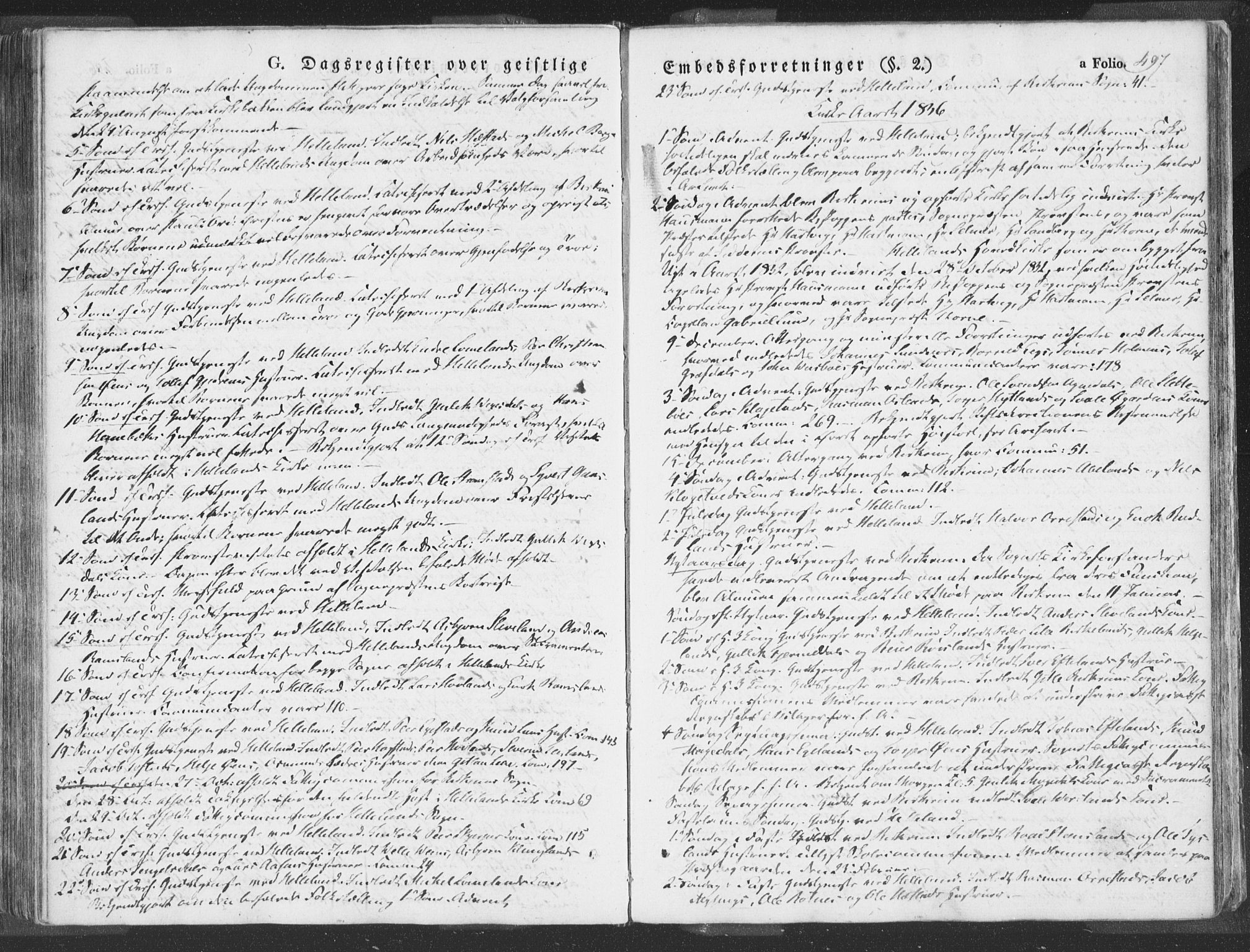 Helleland sokneprestkontor, AV/SAST-A-101810: Parish register (official) no. A 6.2, 1834-1863, p. 497