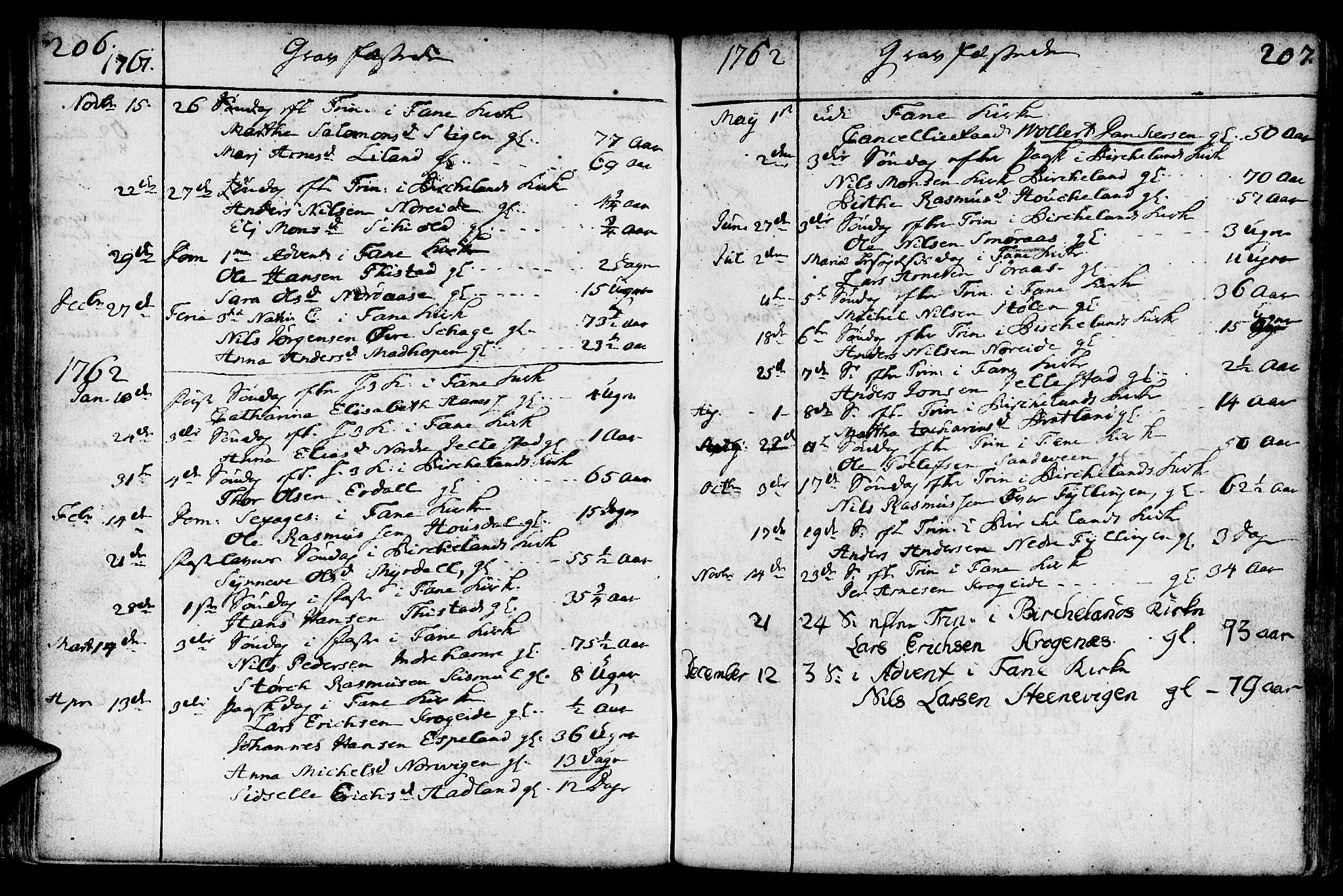 Fana Sokneprestembete, AV/SAB-A-75101/H/Haa/Haaa/L0004: Parish register (official) no. A 4, 1757-1774, p. 206-207