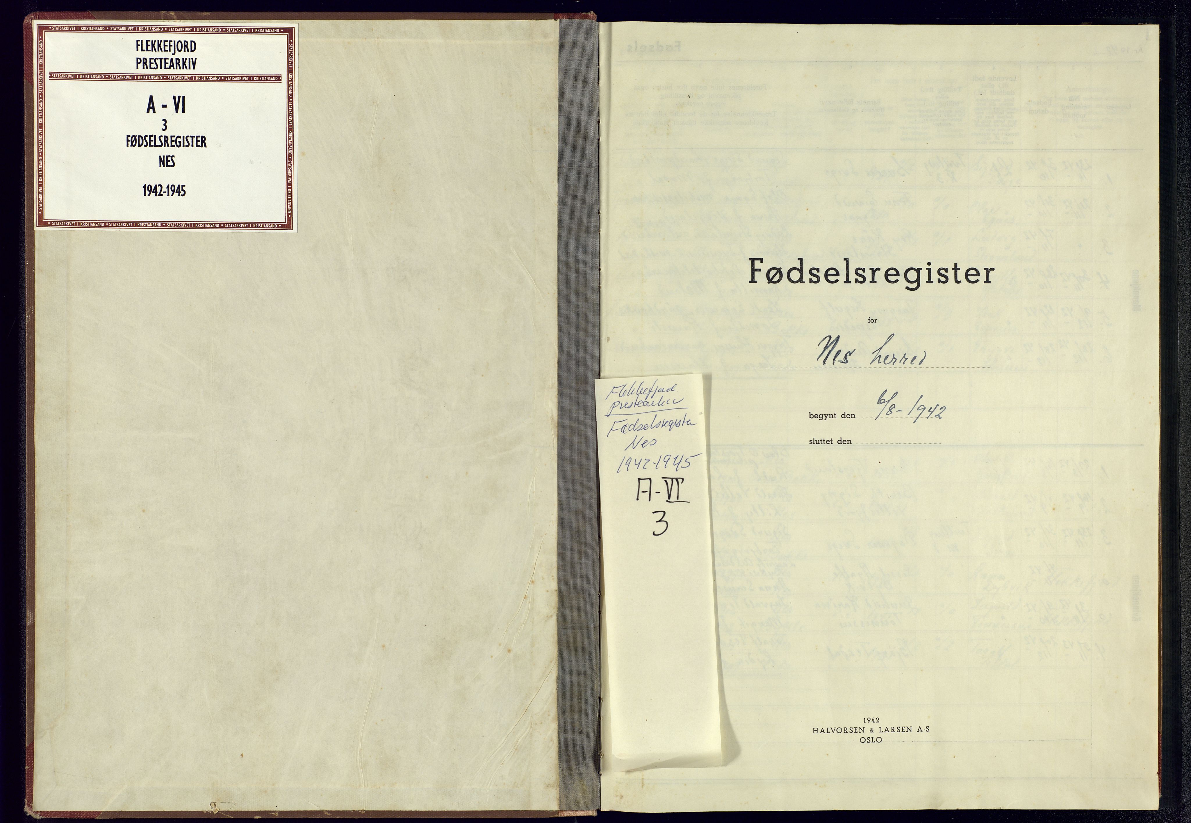 Flekkefjord sokneprestkontor, AV/SAK-1111-0012/J/Jb/L0002: Birth register no. A-VI-3, 1942-1945