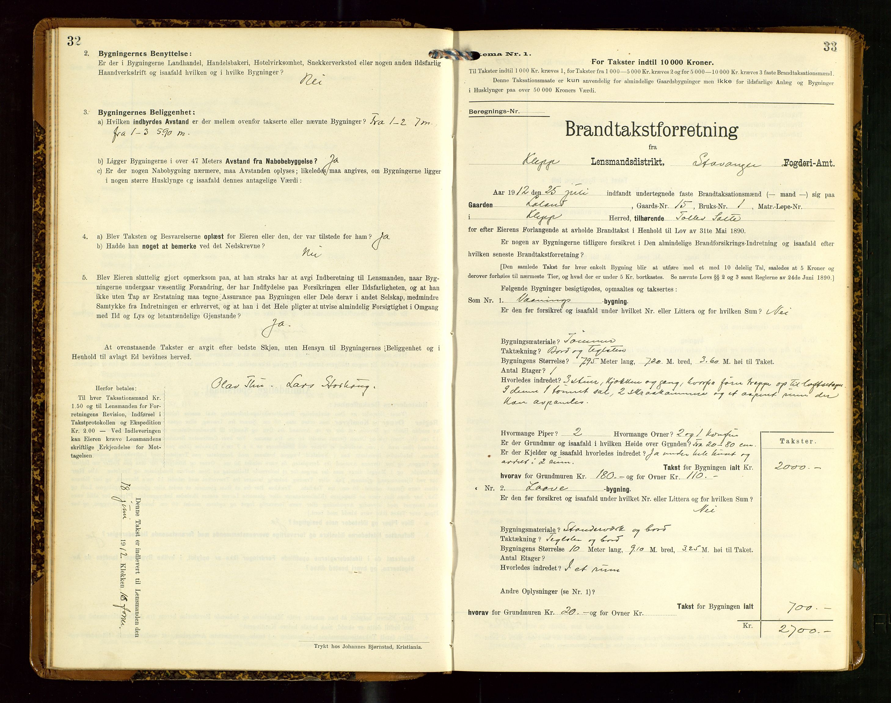 Klepp lensmannskontor, AV/SAST-A-100163/Goc/L0007: "Brandtaxationsprotokol" m/register, 1911-1915, p. 32-33