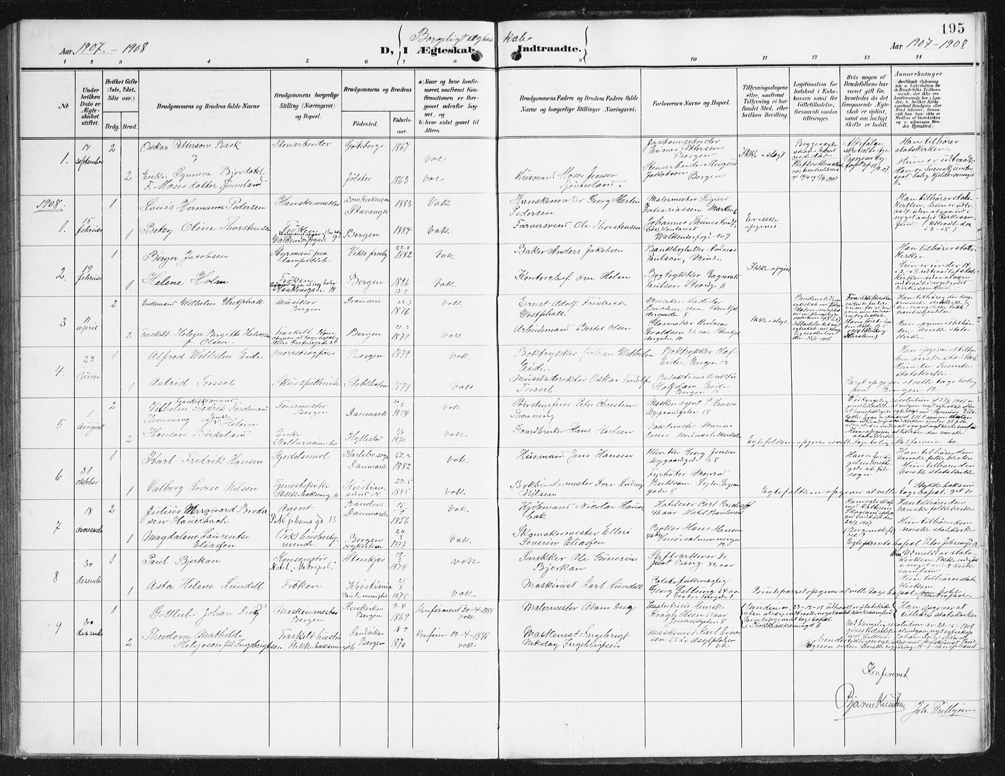 Domkirken sokneprestembete, SAB/A-74801/H/Haa/L0038: Parish register (official) no. D 5, 1906-1921, p. 195