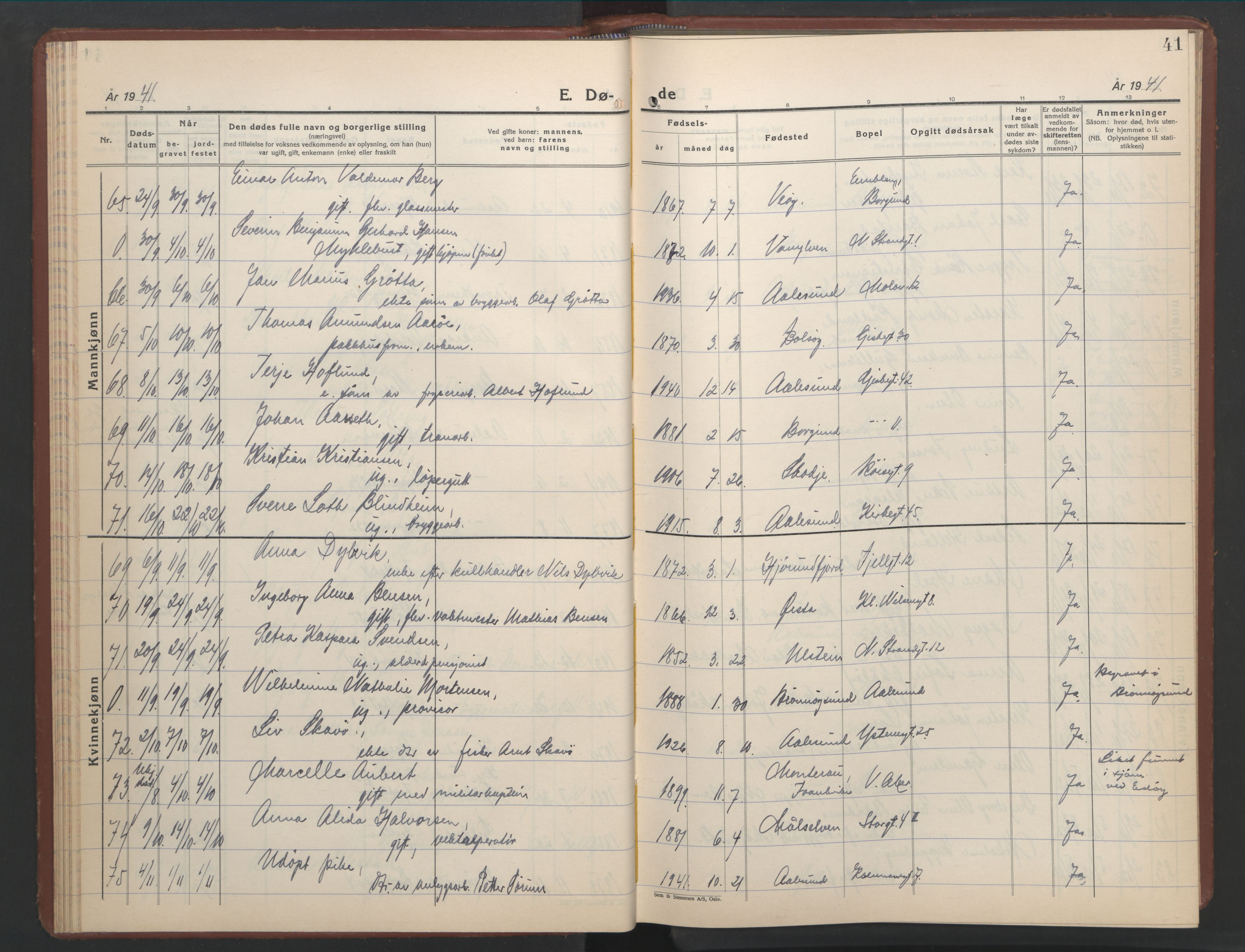 Ministerialprotokoller, klokkerbøker og fødselsregistre - Møre og Romsdal, AV/SAT-A-1454/529/L0478: Parish register (copy) no. 529C15, 1938-1951, p. 41