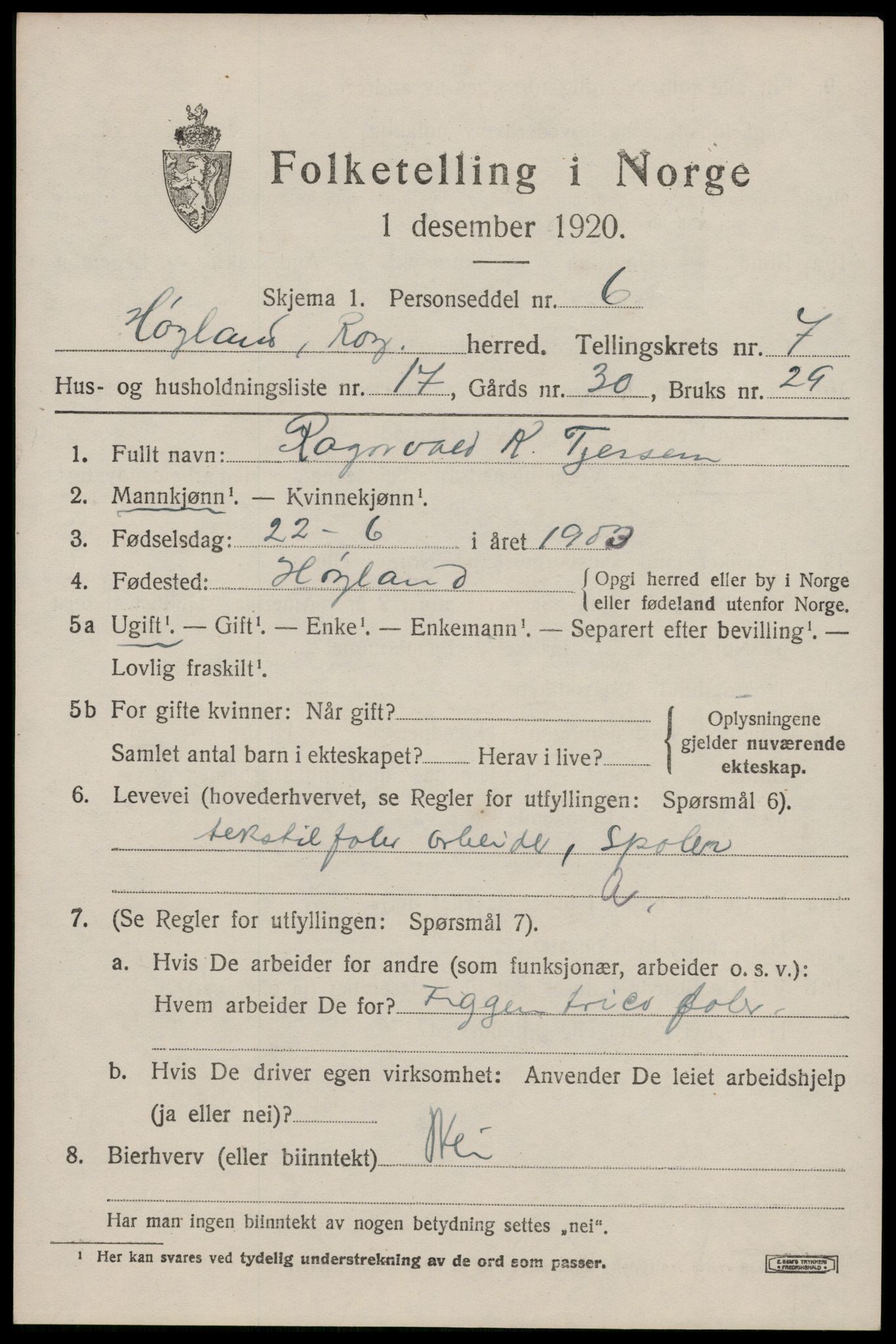 SAST, 1920 census for Høyland, 1920, p. 4848