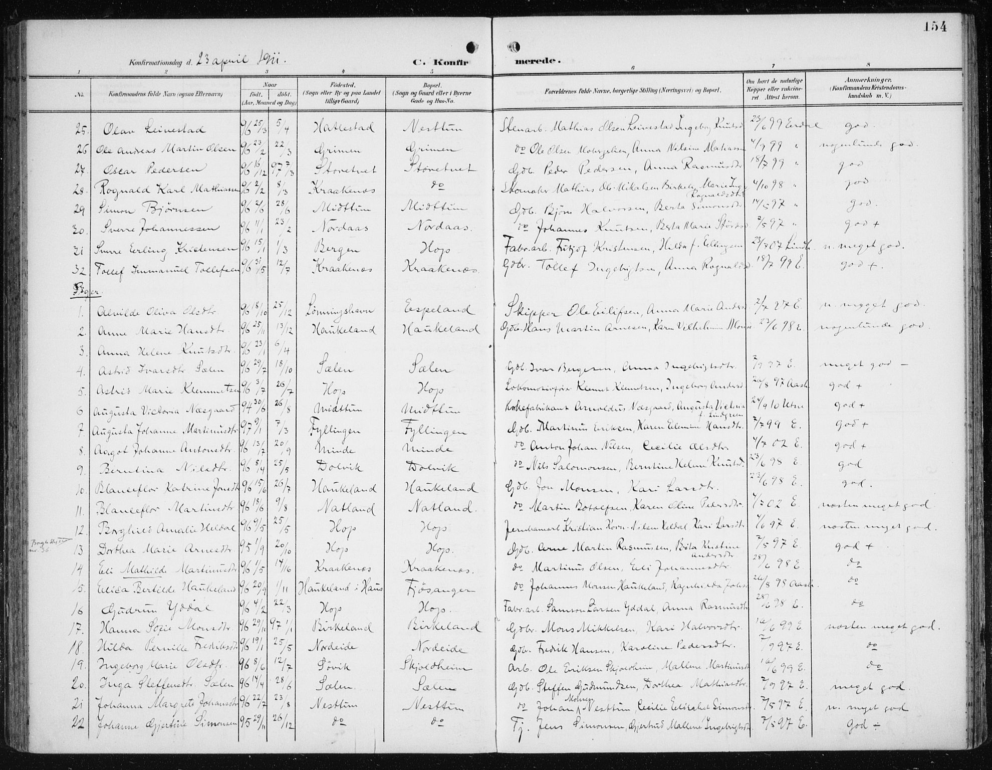 Fana Sokneprestembete, SAB/A-75101/H/Haa/Haai/L0003: Parish register (official) no. I 3, 1900-1912, p. 154