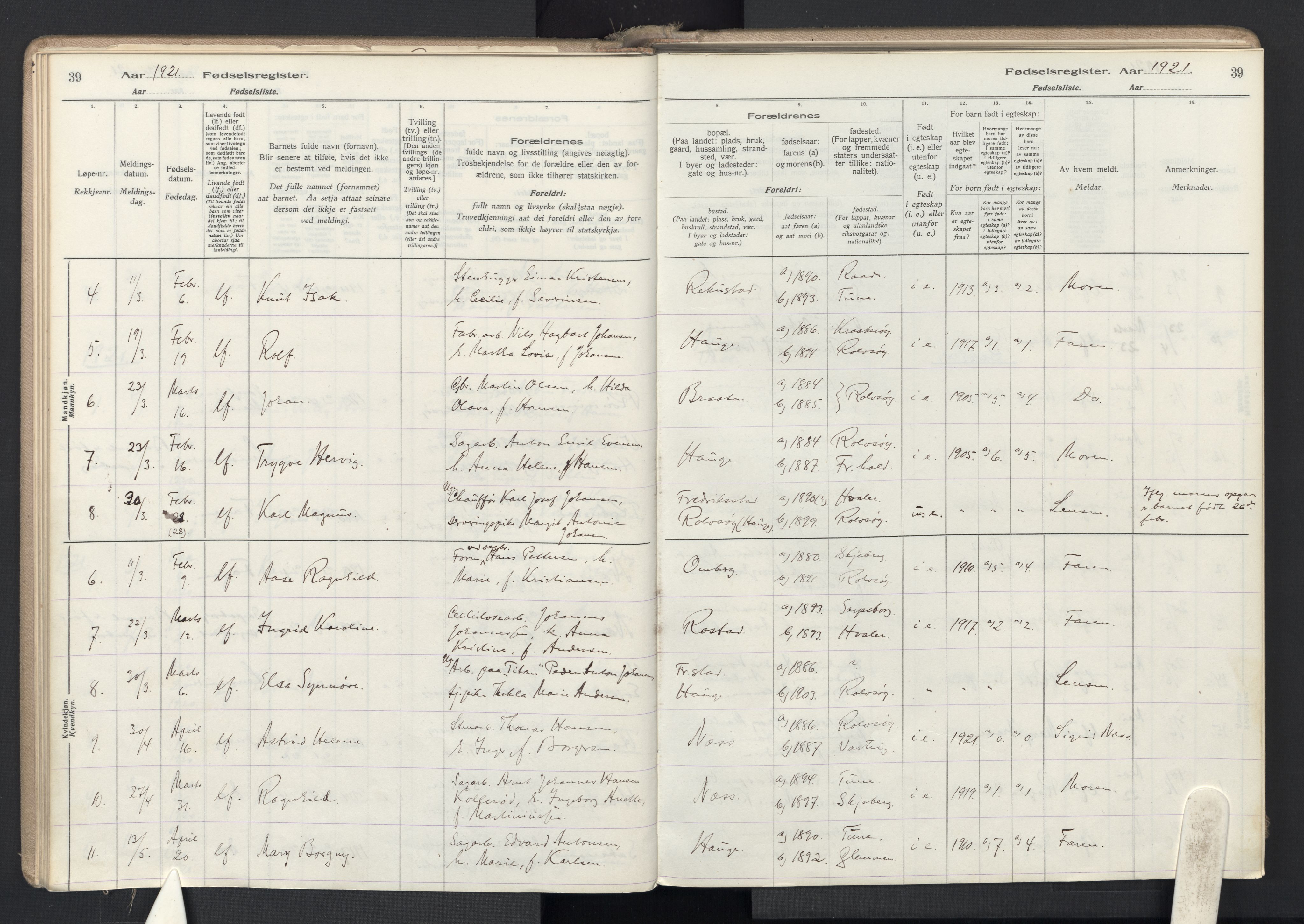 Rolvsøy prestekontor Kirkebøker, SAO/A-2004/J/Ja/L0001: Birth register no. 1, 1916-1946, p. 39