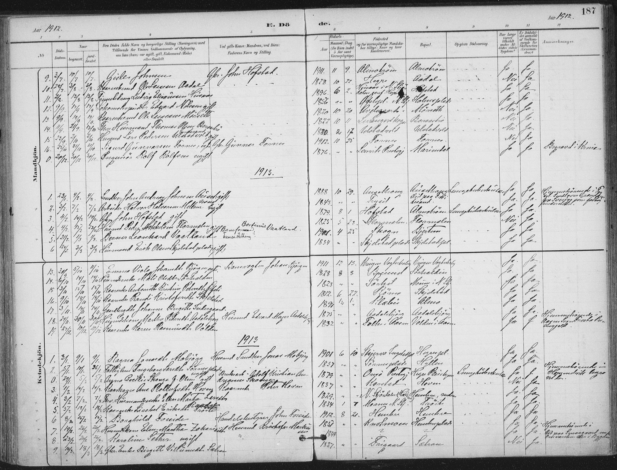 Ministerialprotokoller, klokkerbøker og fødselsregistre - Nord-Trøndelag, SAT/A-1458/703/L0031: Parish register (official) no. 703A04, 1893-1914, p. 187