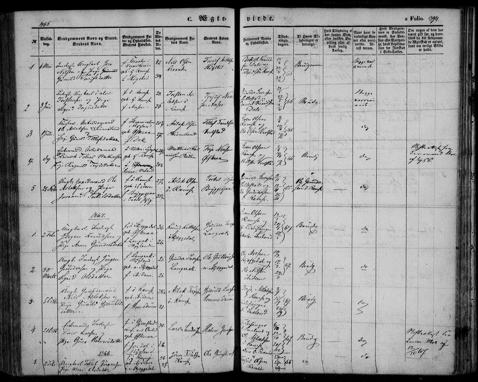 Åmli sokneprestkontor, SAK/1111-0050/F/Fa/Fac/L0008: Parish register (official) no. A 8, 1852-1869, p. 394
