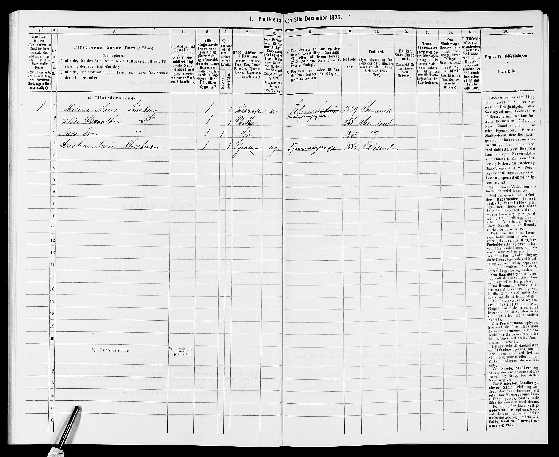 SAK, 1875 census for 0905B Vestre Moland/Lillesand, 1875, p. 191