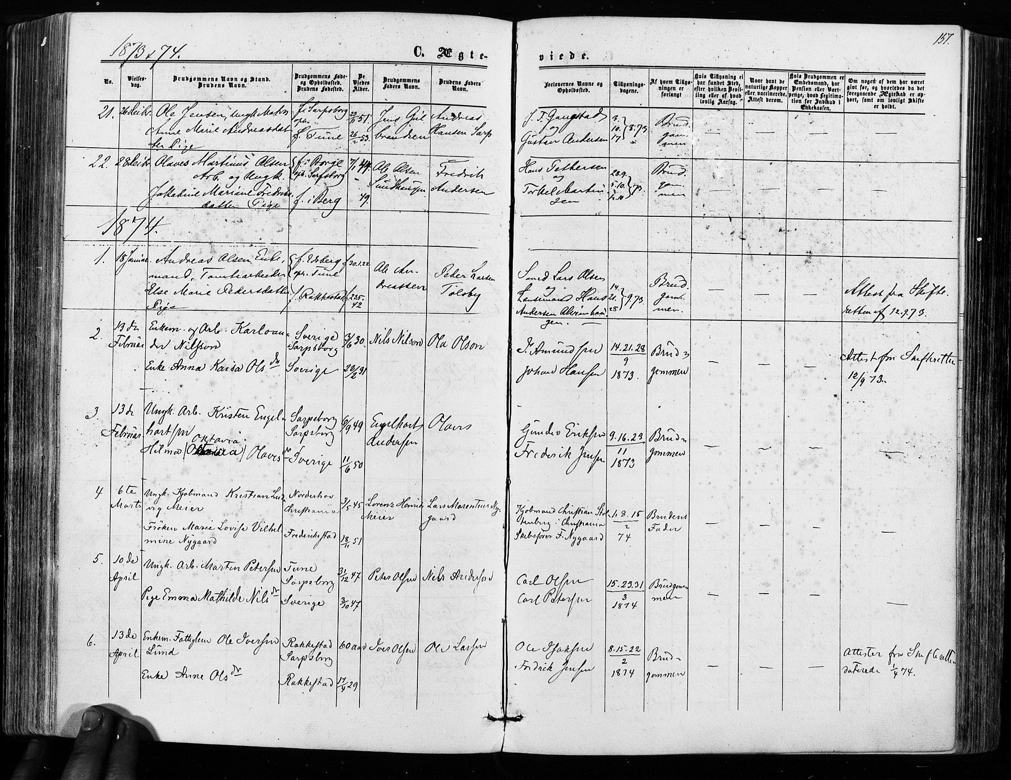 Sarpsborg prestekontor Kirkebøker, SAO/A-2006/F/Fa/L0002: Parish register (official) no. 2, 1869-1877, p. 157
