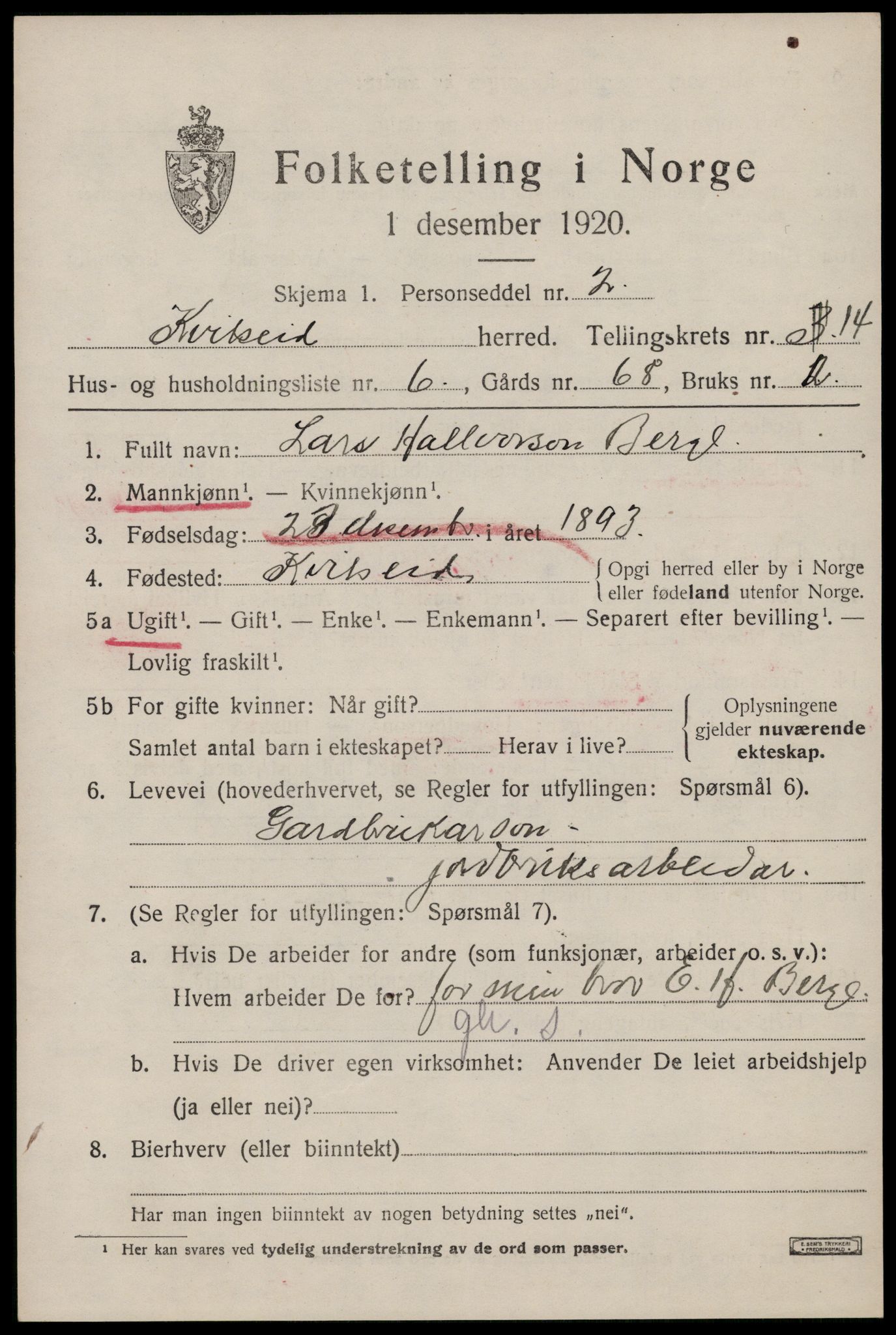 SAKO, 1920 census for Kviteseid, 1920, p. 6755