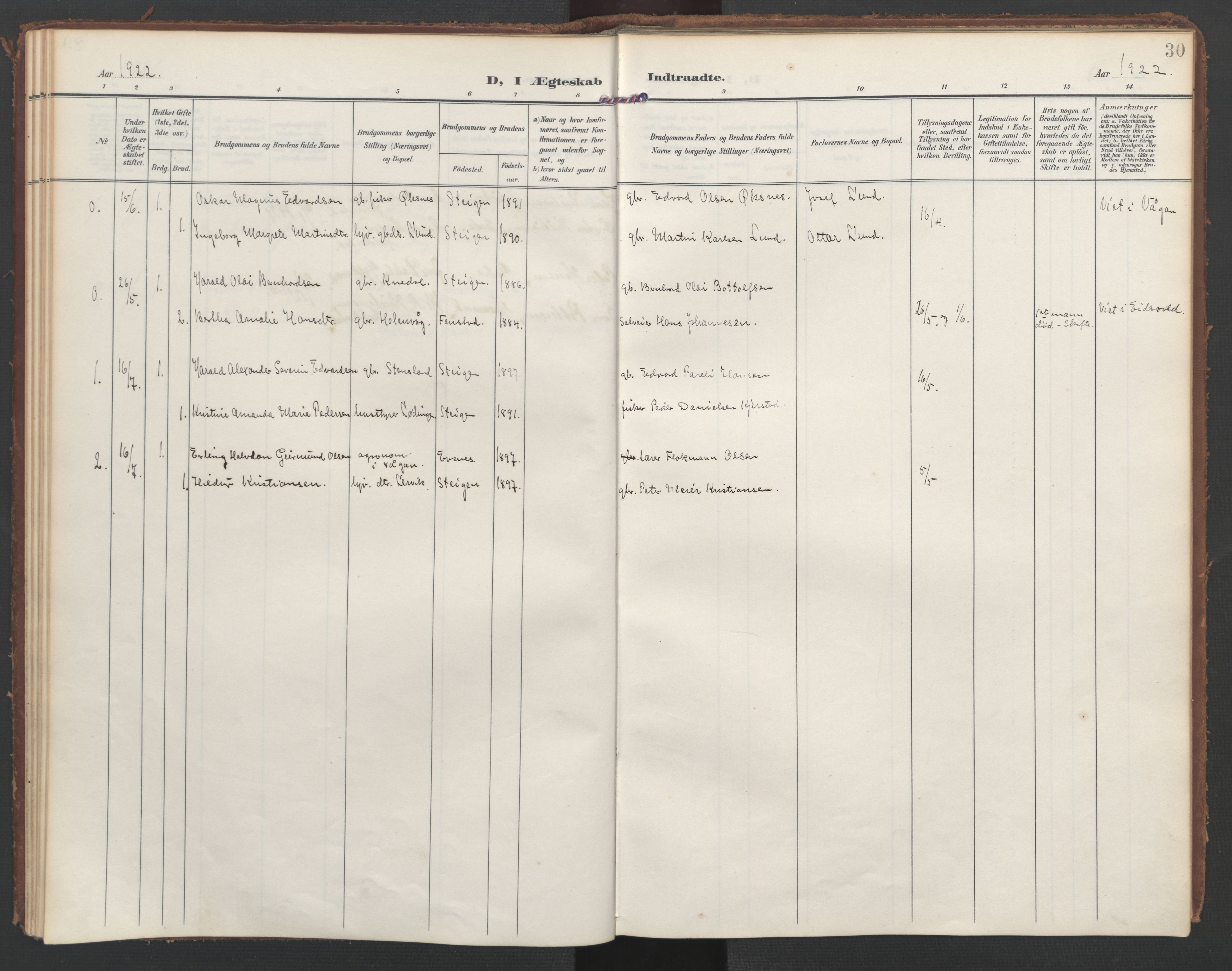 Ministerialprotokoller, klokkerbøker og fødselsregistre - Nordland, SAT/A-1459/855/L0806: Parish register (official) no. 855A14, 1906-1922, p. 30