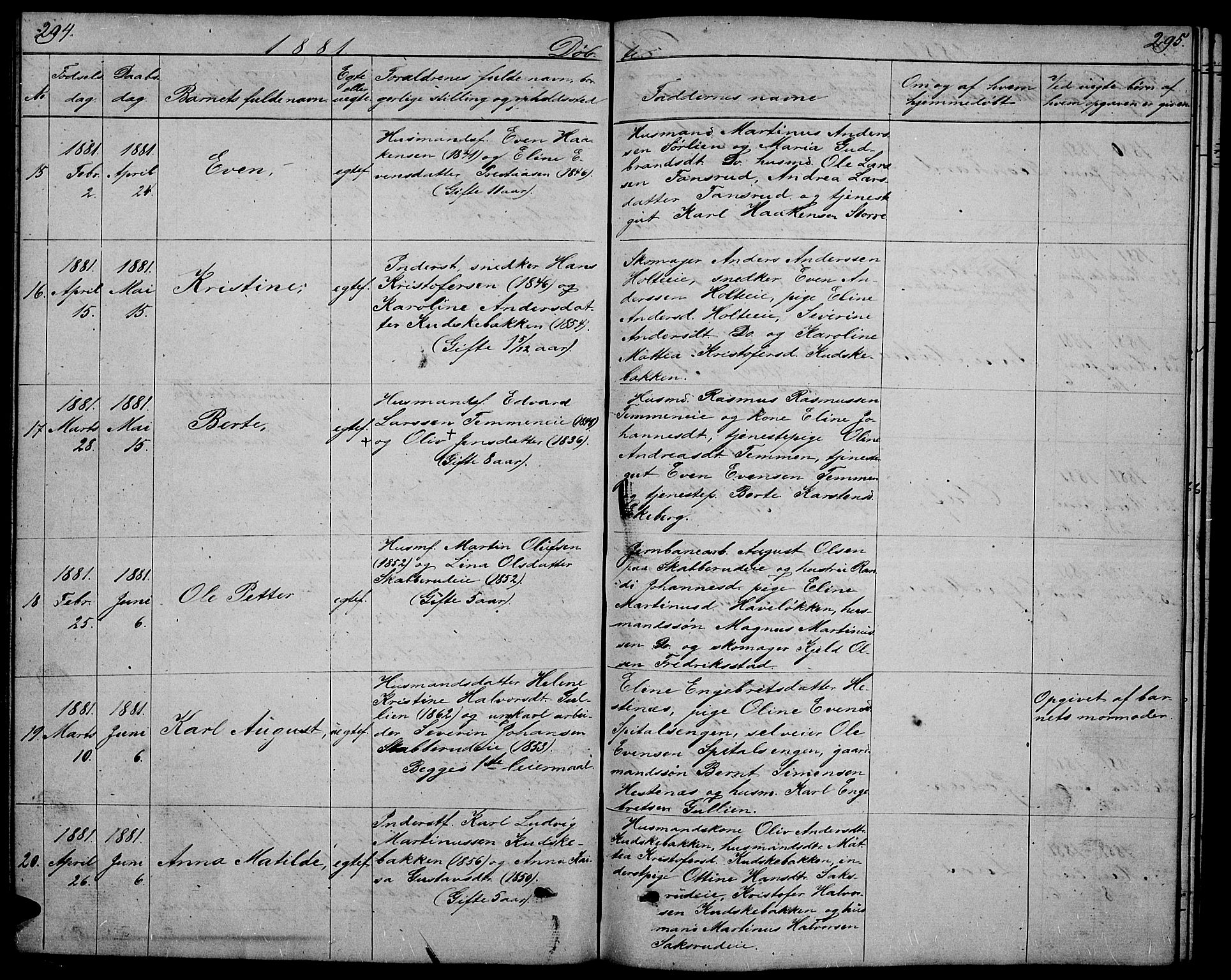 Stange prestekontor, AV/SAH-PREST-002/L/L0005: Parish register (copy) no. 5, 1861-1881, p. 294-295