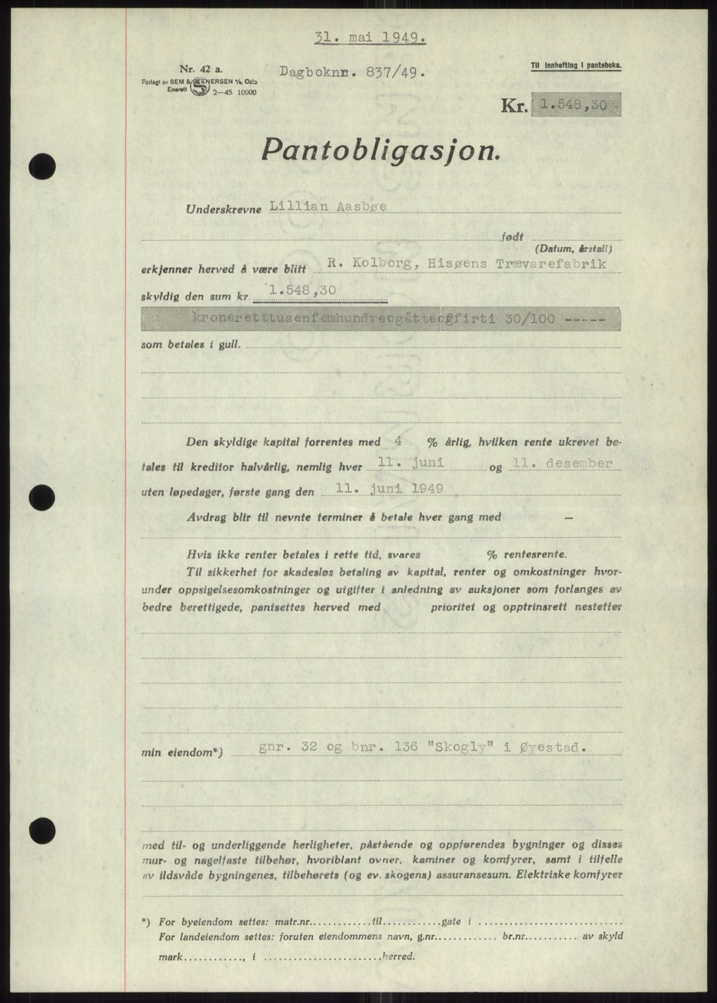 Nedenes sorenskriveri, SAK/1221-0006/G/Gb/Gbb/L0006: Mortgage book no. B6, 1948-1949, Diary no: : 837/1949