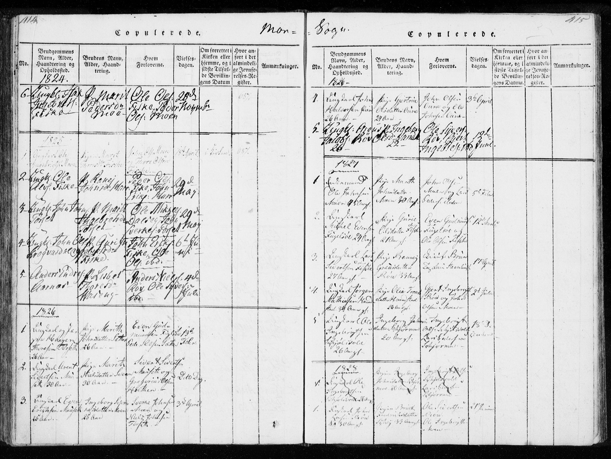 Ministerialprotokoller, klokkerbøker og fødselsregistre - Møre og Romsdal, SAT/A-1454/595/L1041: Parish register (official) no. 595A03, 1819-1829, p. 414-415