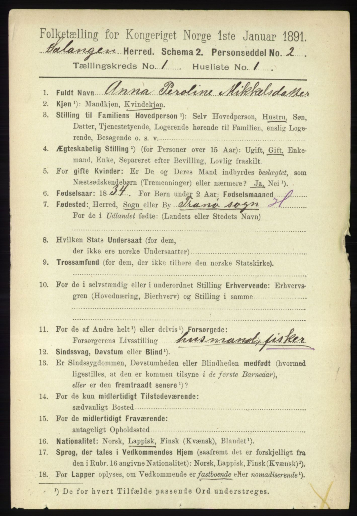 RA, 1891 census for 1921 Salangen, 1891, p. 71