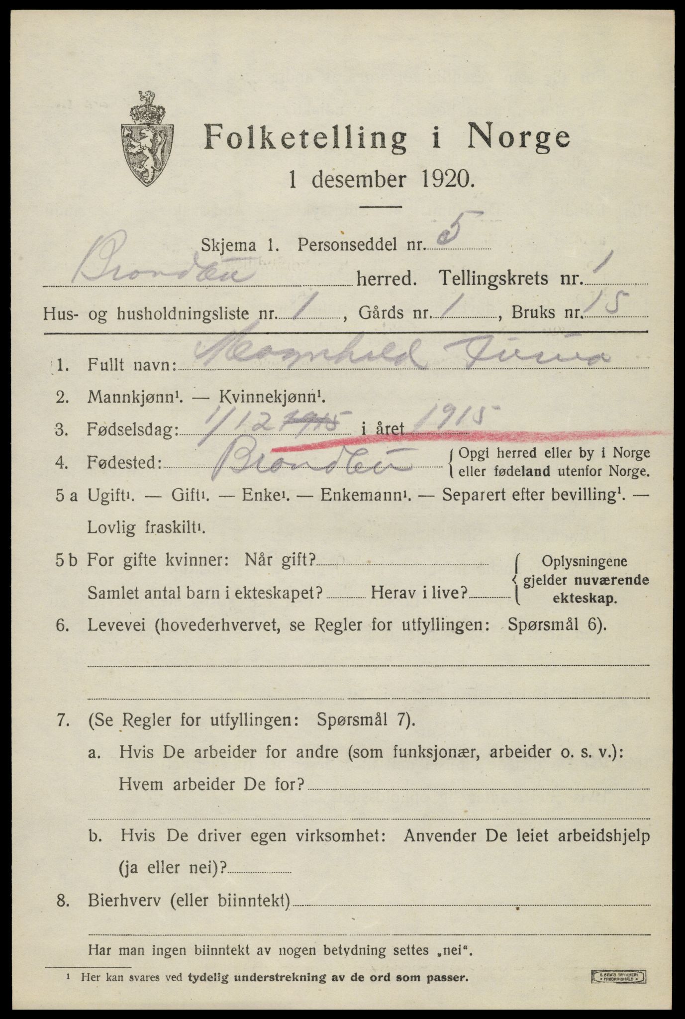 SAH, 1920 census for Brandbu, 1920, p. 1943