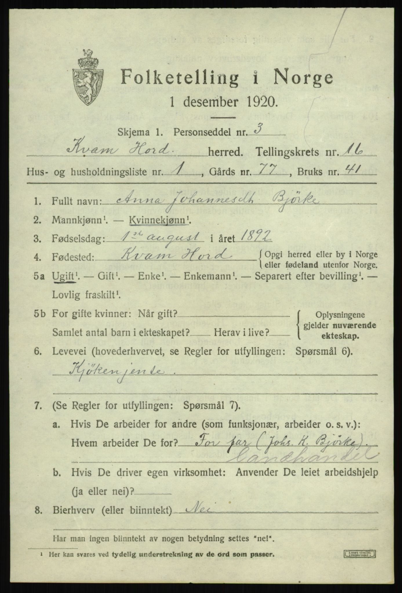 SAB, 1920 census for Kvam, 1920, p. 8865