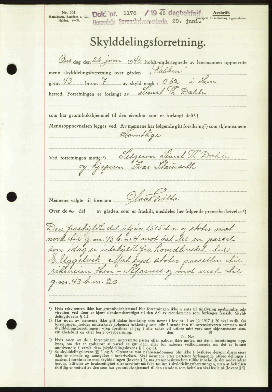 Romsdal sorenskriveri, AV/SAT-A-4149/1/2/2C: Mortgage book no. A20, 1946-1946, Diary no: : 1176/1946