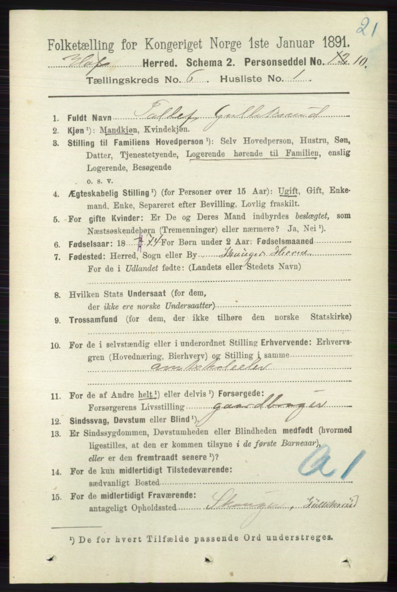 RA, 1891 census for 0714 Hof, 1891, p. 1790