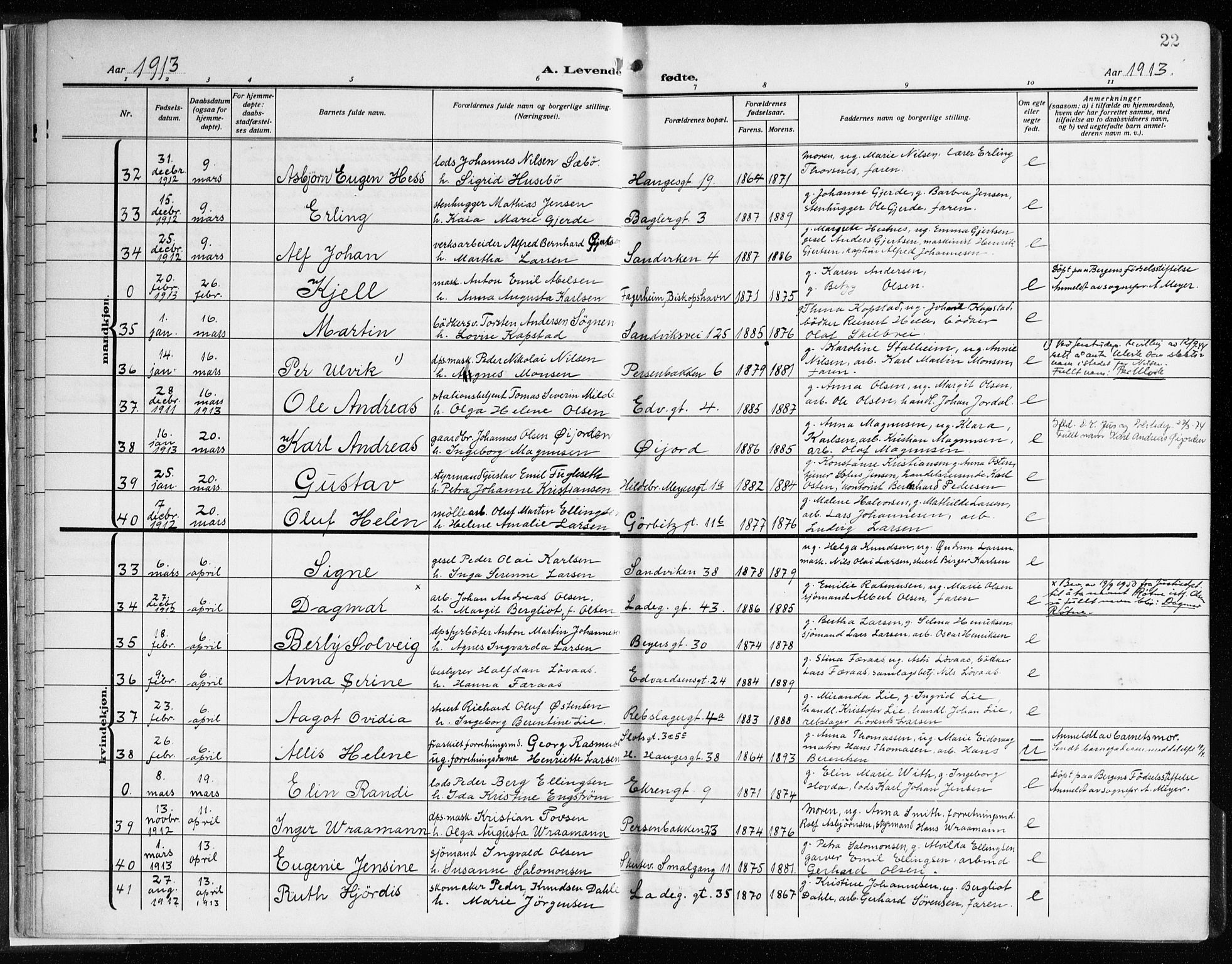 Sandviken Sokneprestembete, AV/SAB-A-77601/H/Ha/L0007: Parish register (official) no. B 4, 1912-1924, p. 22