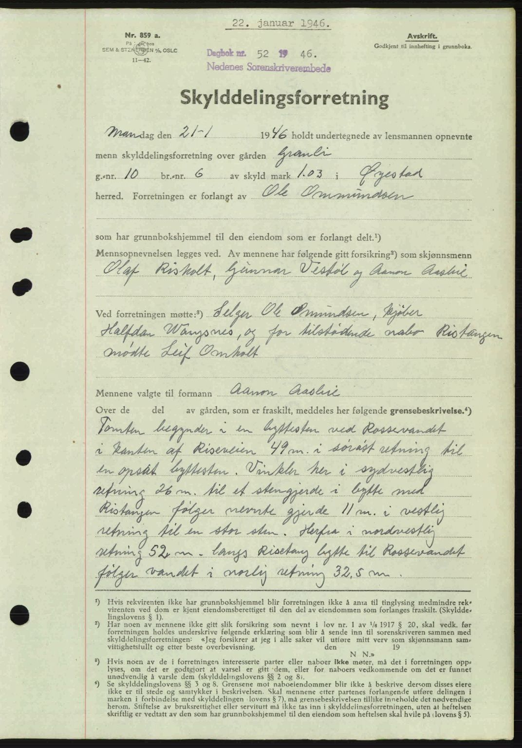 Nedenes sorenskriveri, SAK/1221-0006/G/Gb/Gba/L0054: Mortgage book no. A6c, 1946-1946, Diary no: : 52/1946