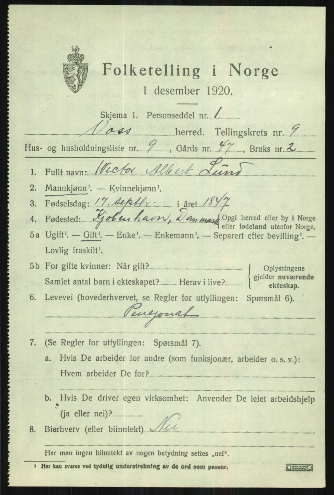SAB, 1920 census for Voss, 1920, p. 8749